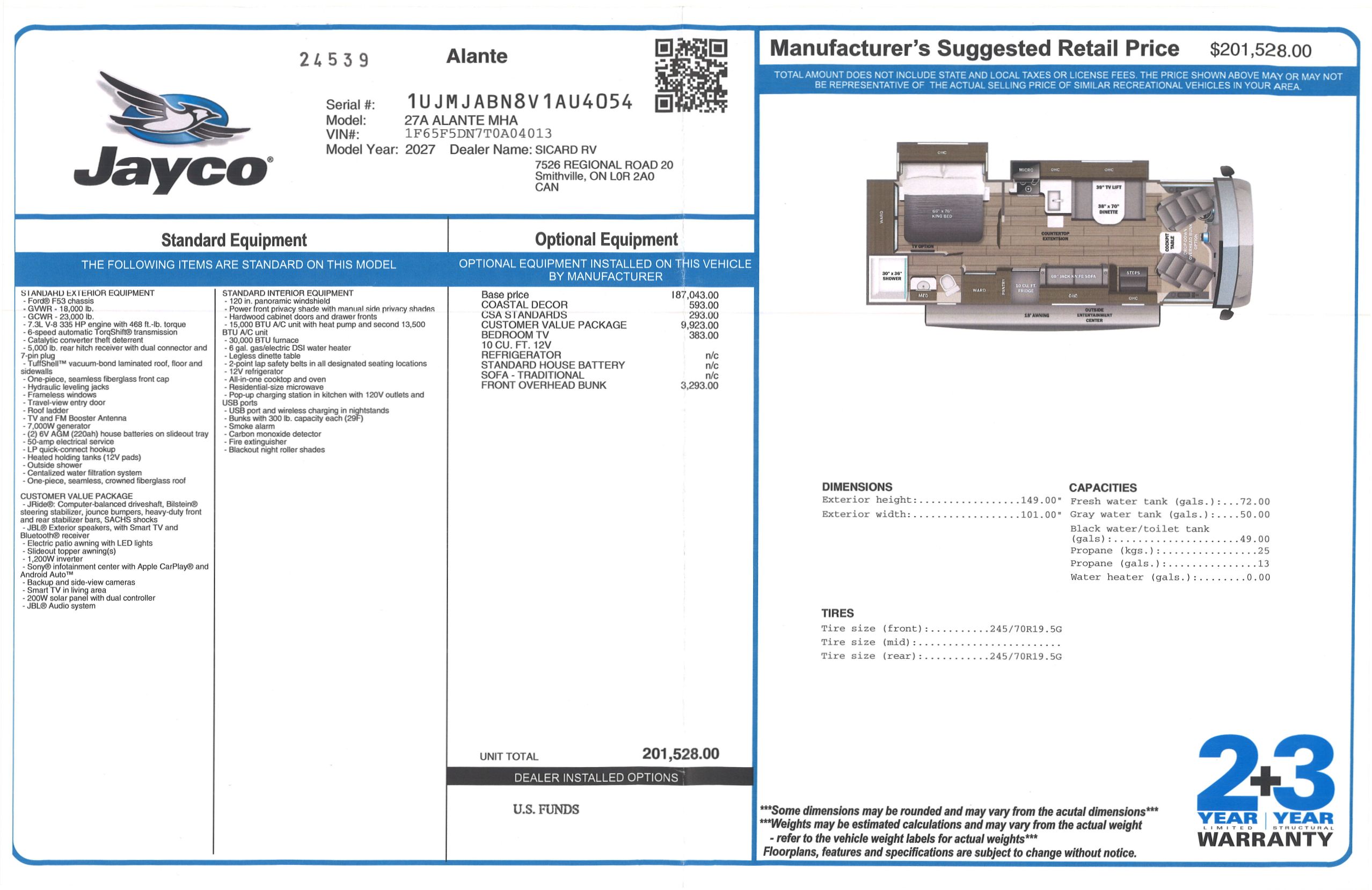 Buildsheet for 2027 JAYCO ALANTE 27A