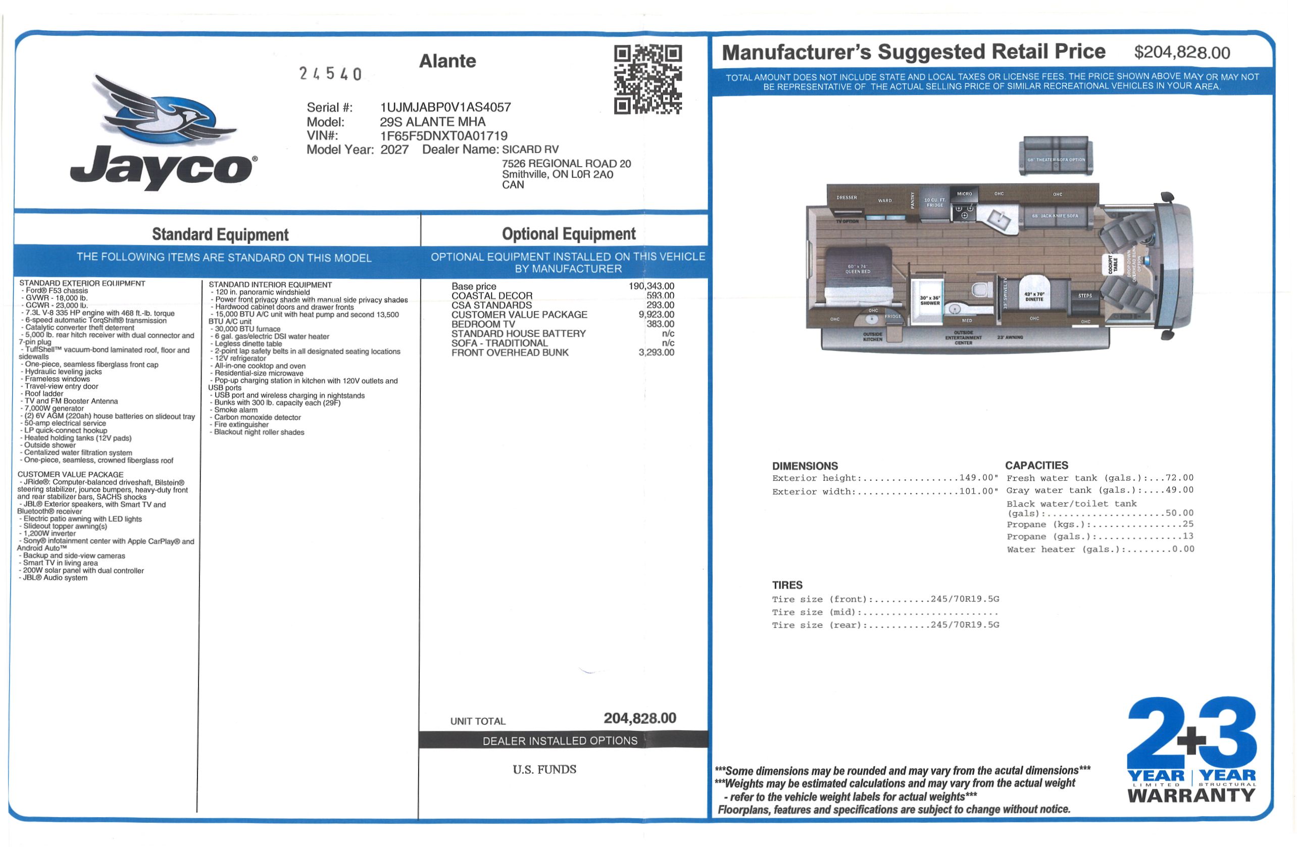 Buildsheet for 2027 JAYCO ALANTE 29S
