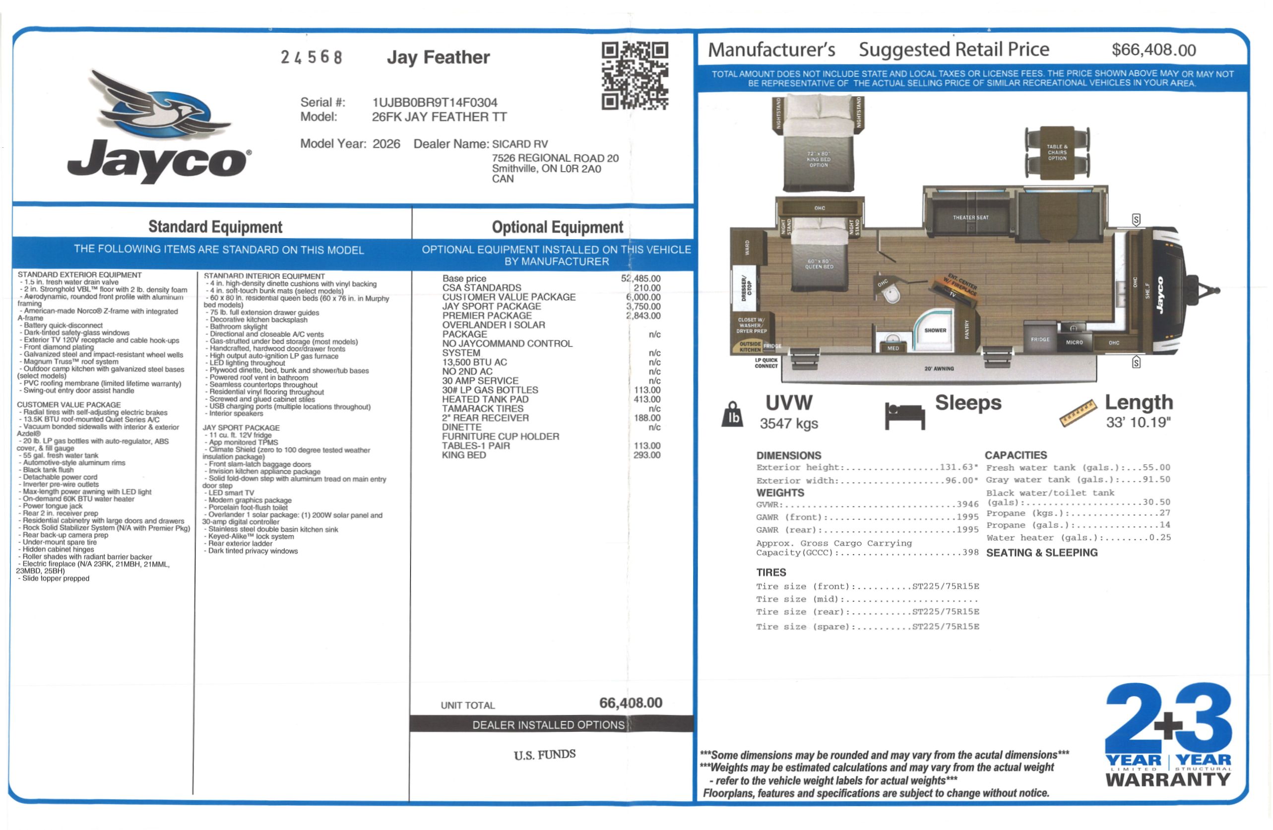 Buildsheet for 2026 JAYCO JAY FEATHER 26FK