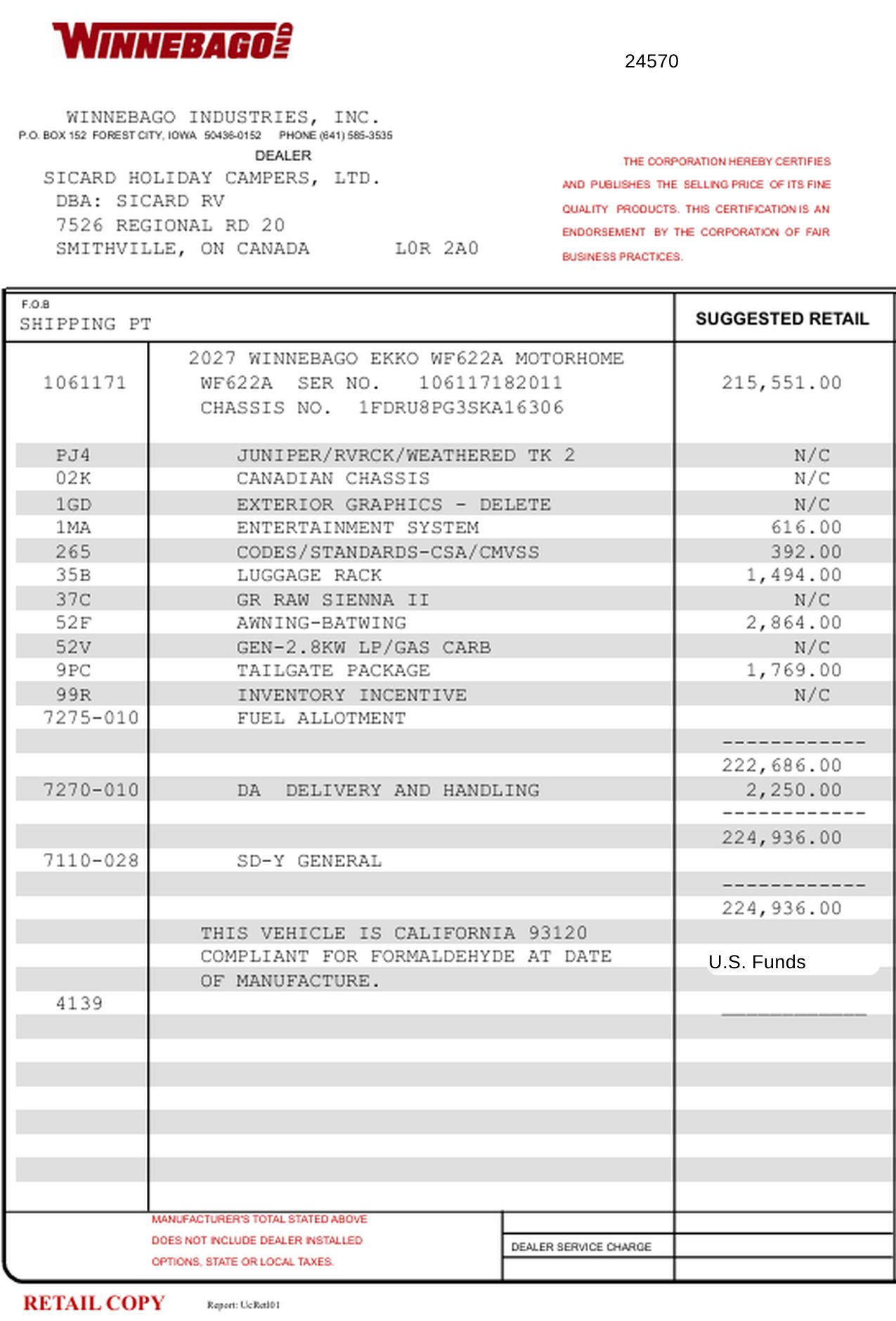 Buildsheet for 2027 WINNEBAGO EKKO 22A