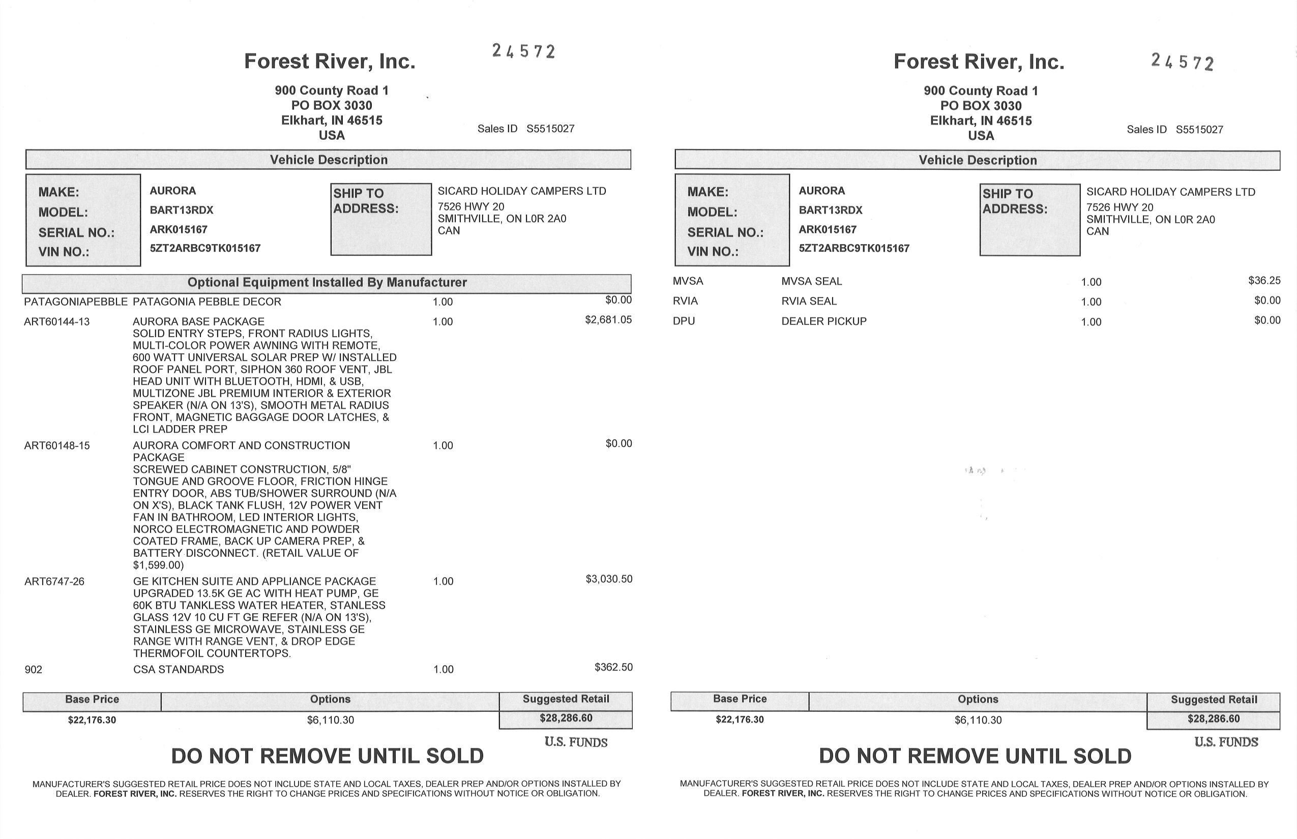 Buildsheet for 2026 FOREST RIVER AURORA LIGHT 13RDX