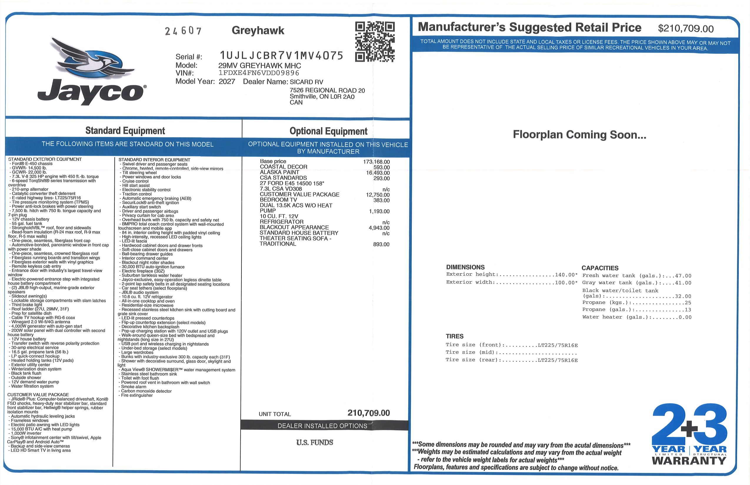 Buildsheet for 2027 JAYCO GREYHAWK 29MV