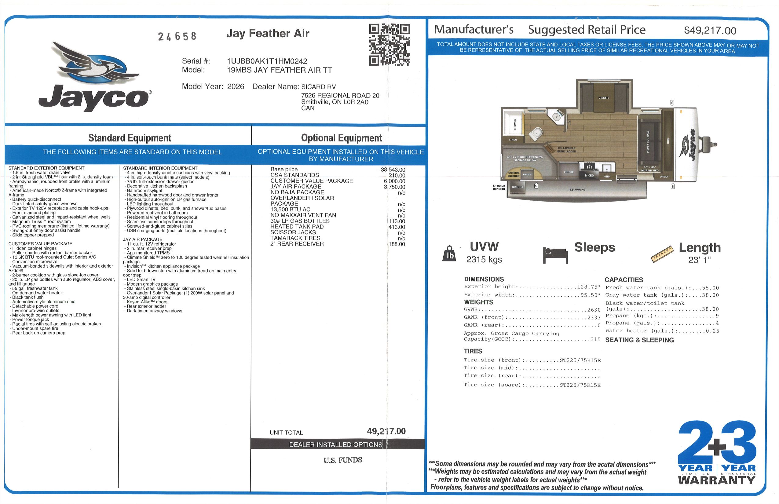 Buildsheet for 2026 JAYCO JAY FEATHER AIR 19MBS