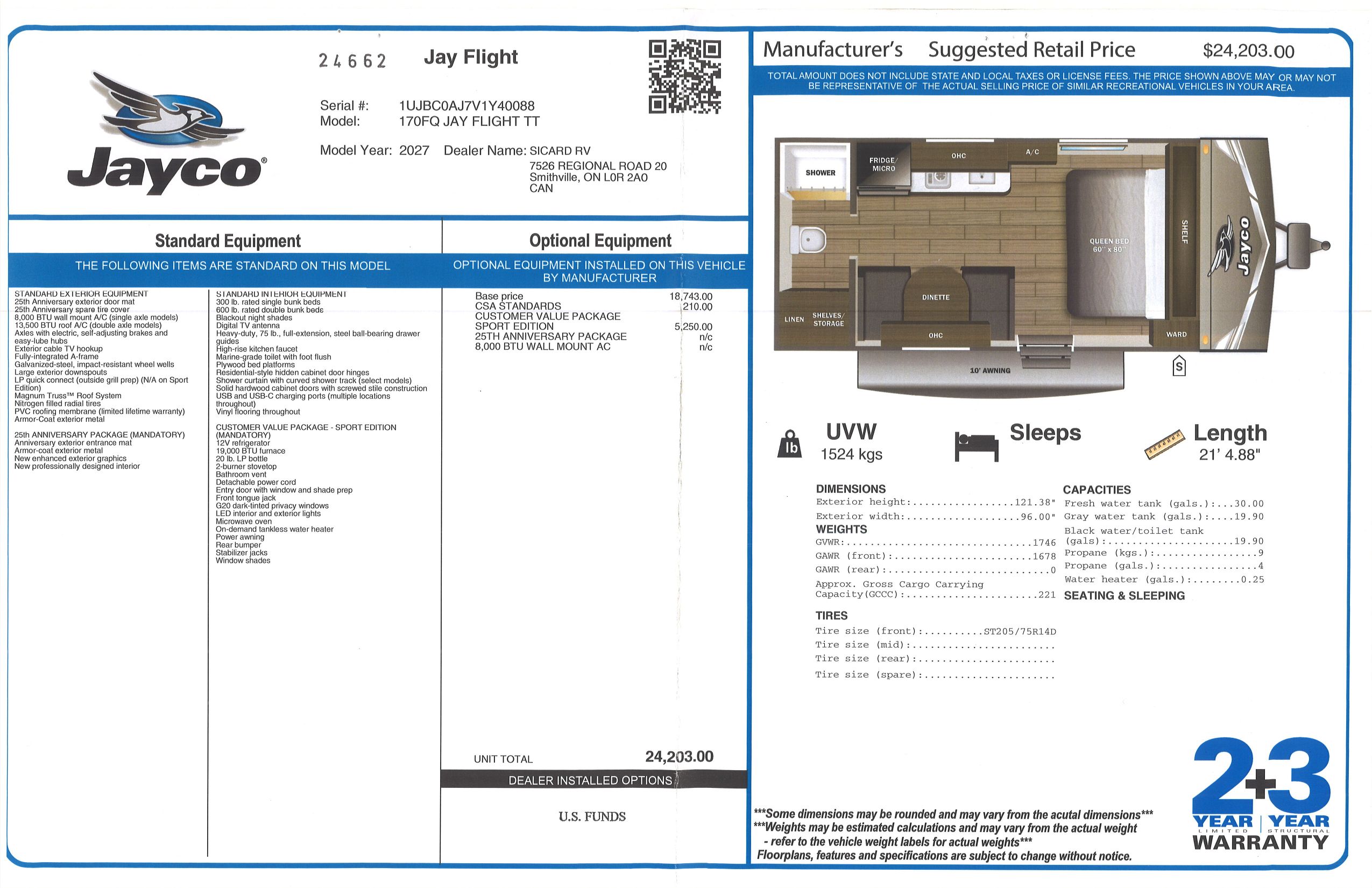 Buildsheet for 2027 JAYCO JAY FLIGHT 170FQ