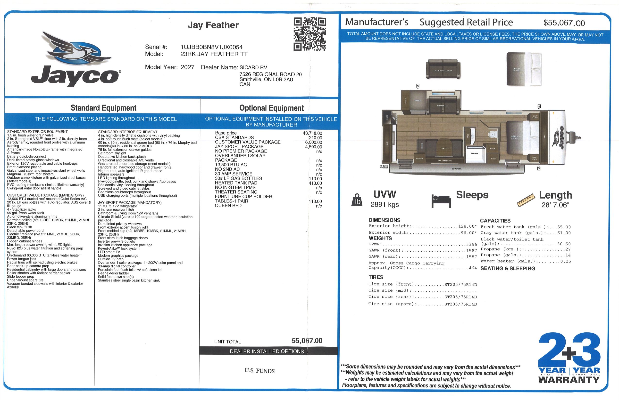 Buildsheet for 2027 JAYCO JAY FEATHER 23RK