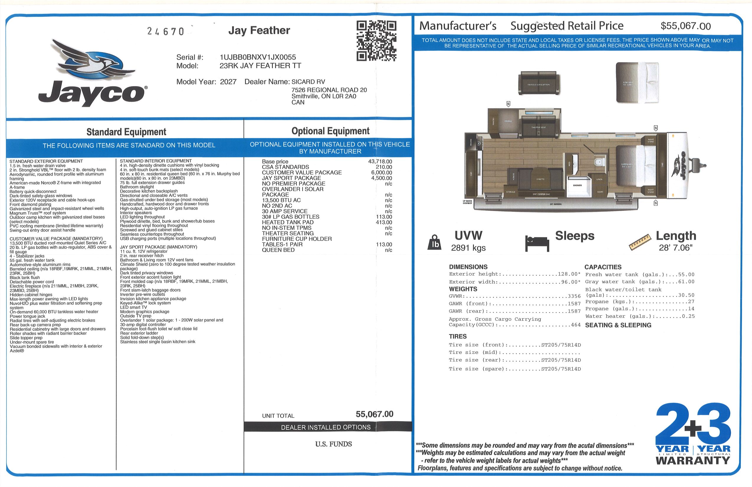 Buildsheet for 2027 JAYCO JAY FEATHER 23RK