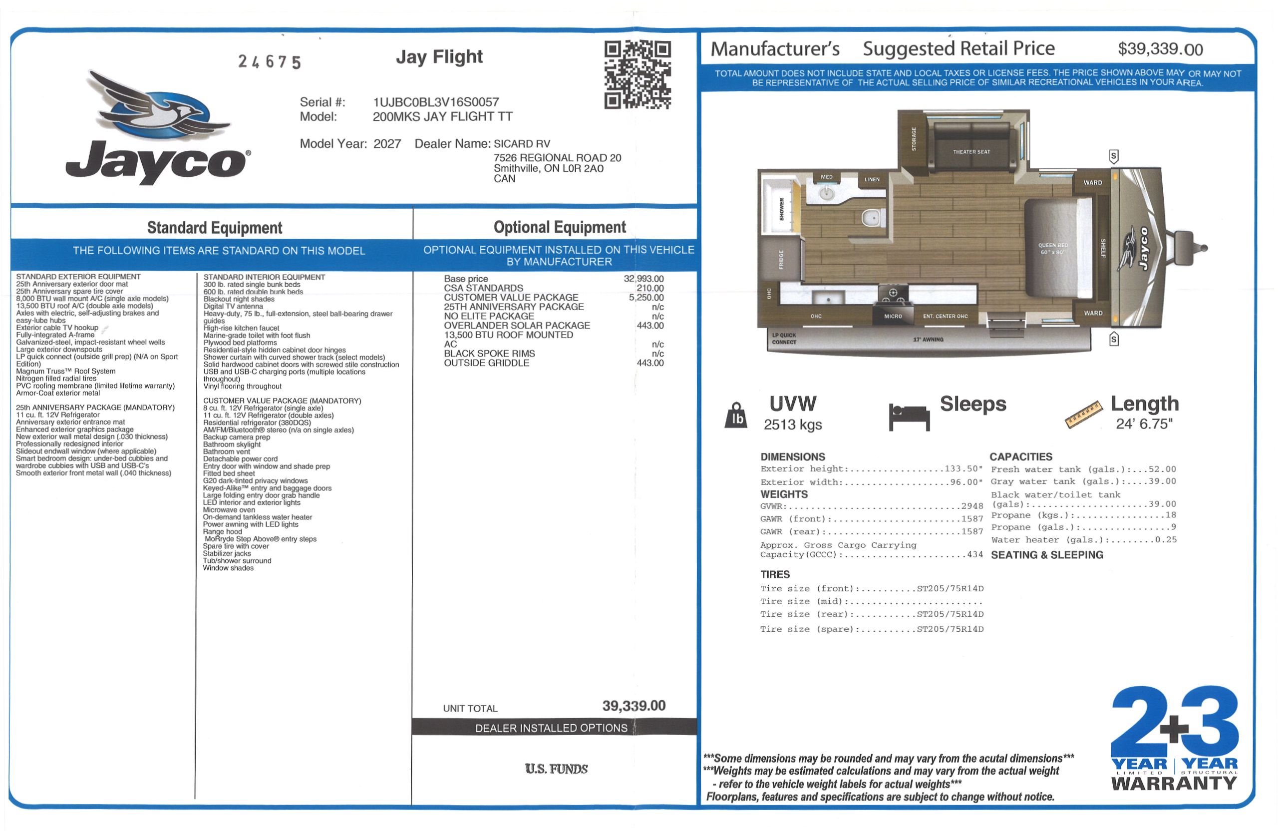 Buildsheet for 2027 JAYCO JAY FLIGHT 200MKS