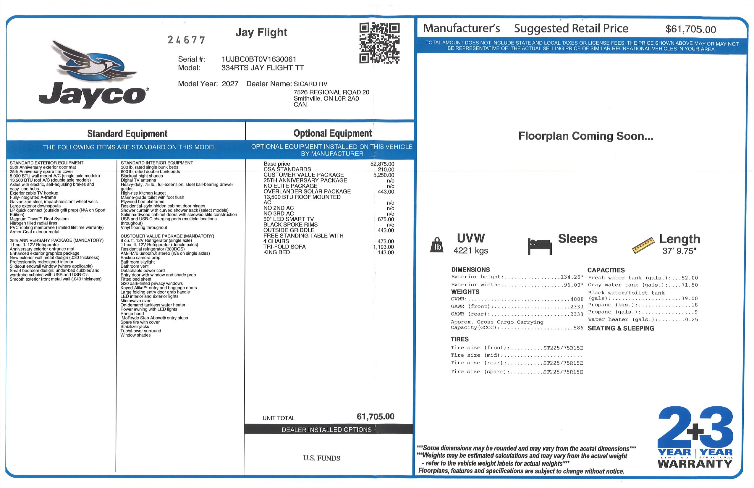 Buildsheet for 2027 JAYCO JAY FLIGHT 334RTS