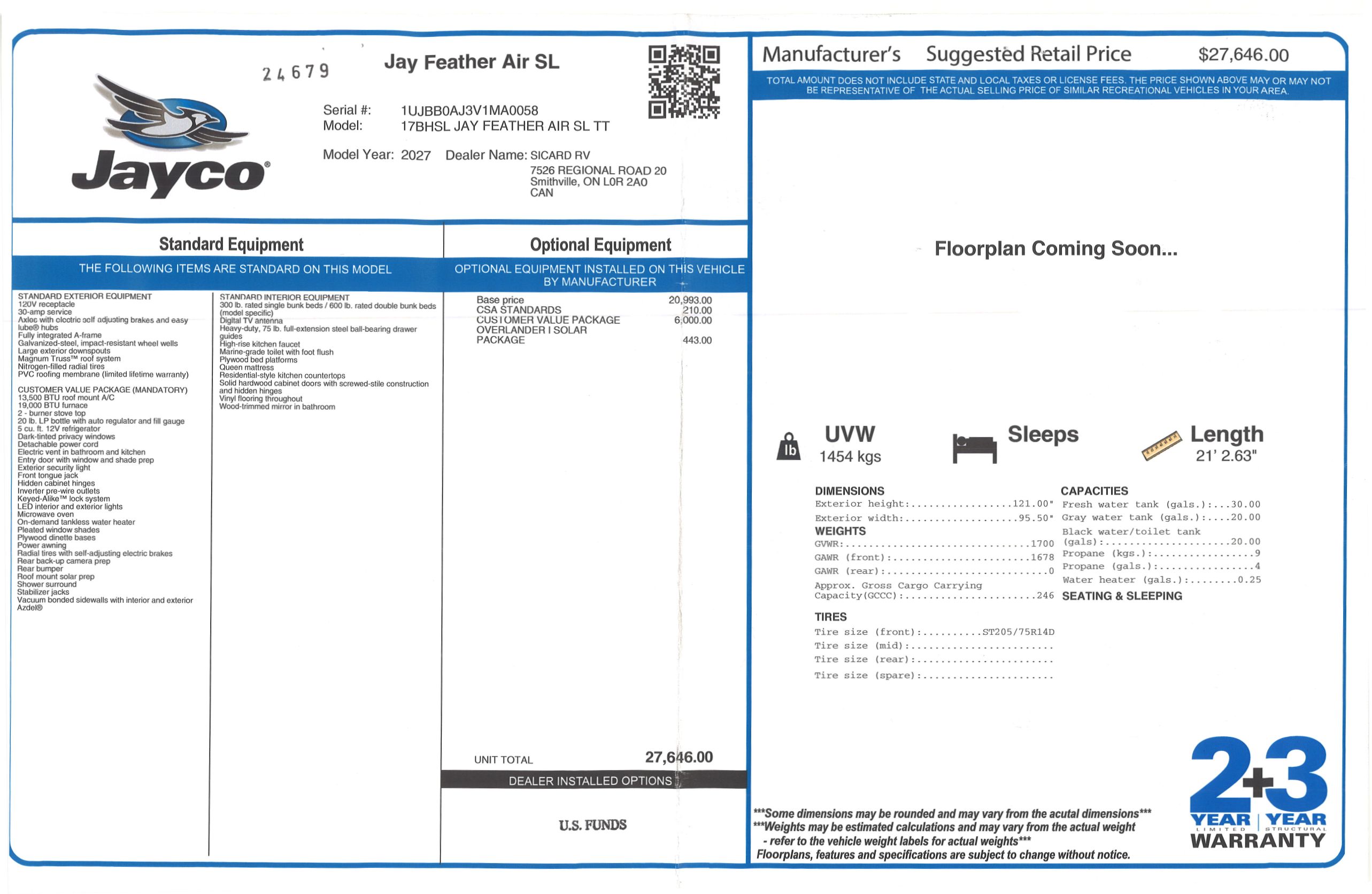 Buildsheet for 2027 JAYCO JAY FEATHER AIR SUPER LITE 17BHSL