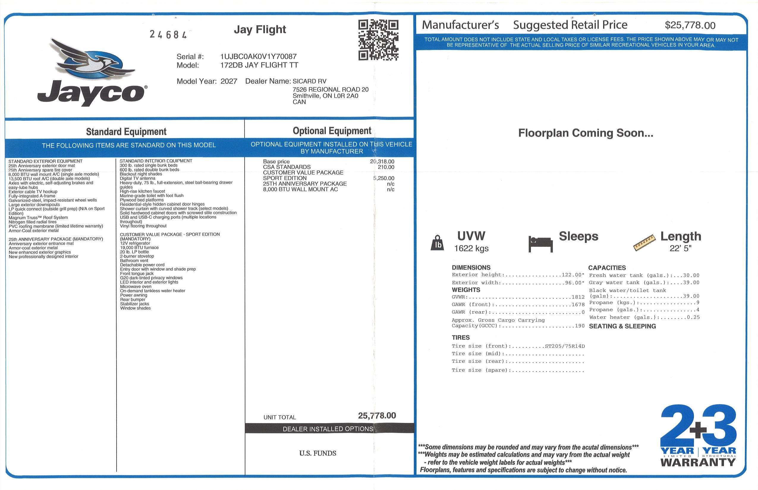 Buildsheet for 2027 JAYCO JAY FLIGHT 172DB