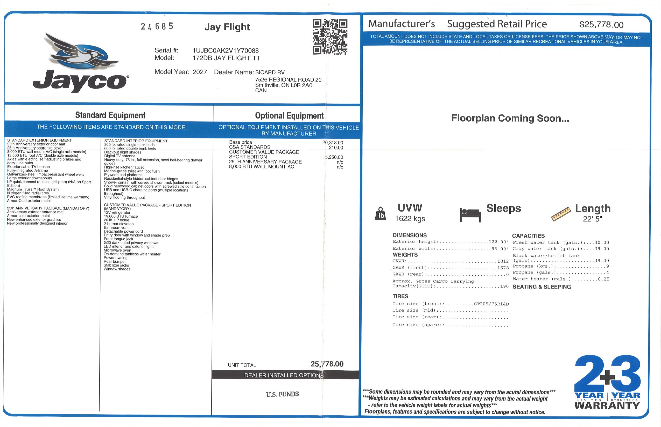 Buildsheet for 2027 JAYCO JAY FLIGHT 172DB