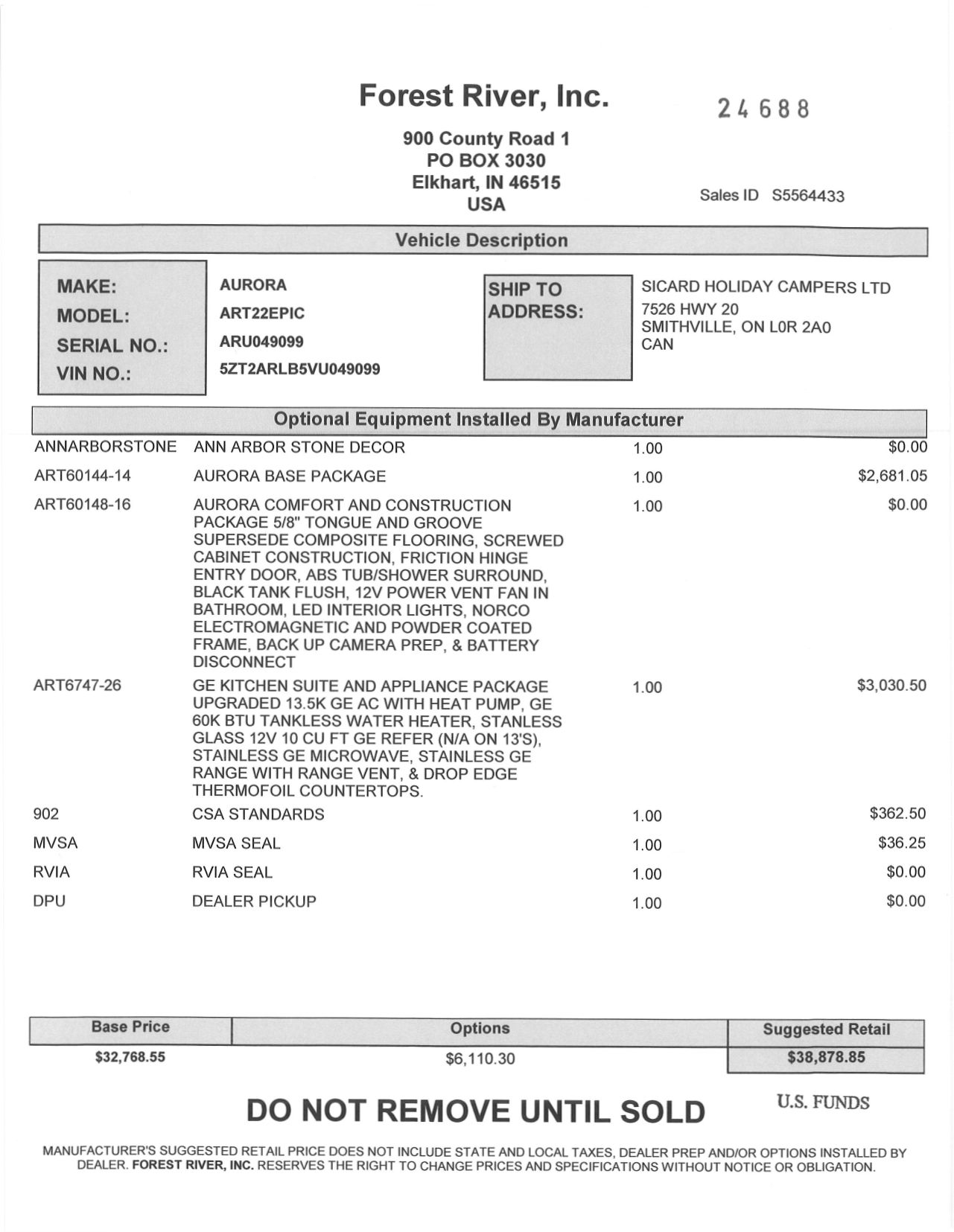 Buildsheet for 2027 FOREST RIVER AURORA LIGHT 22EPIC