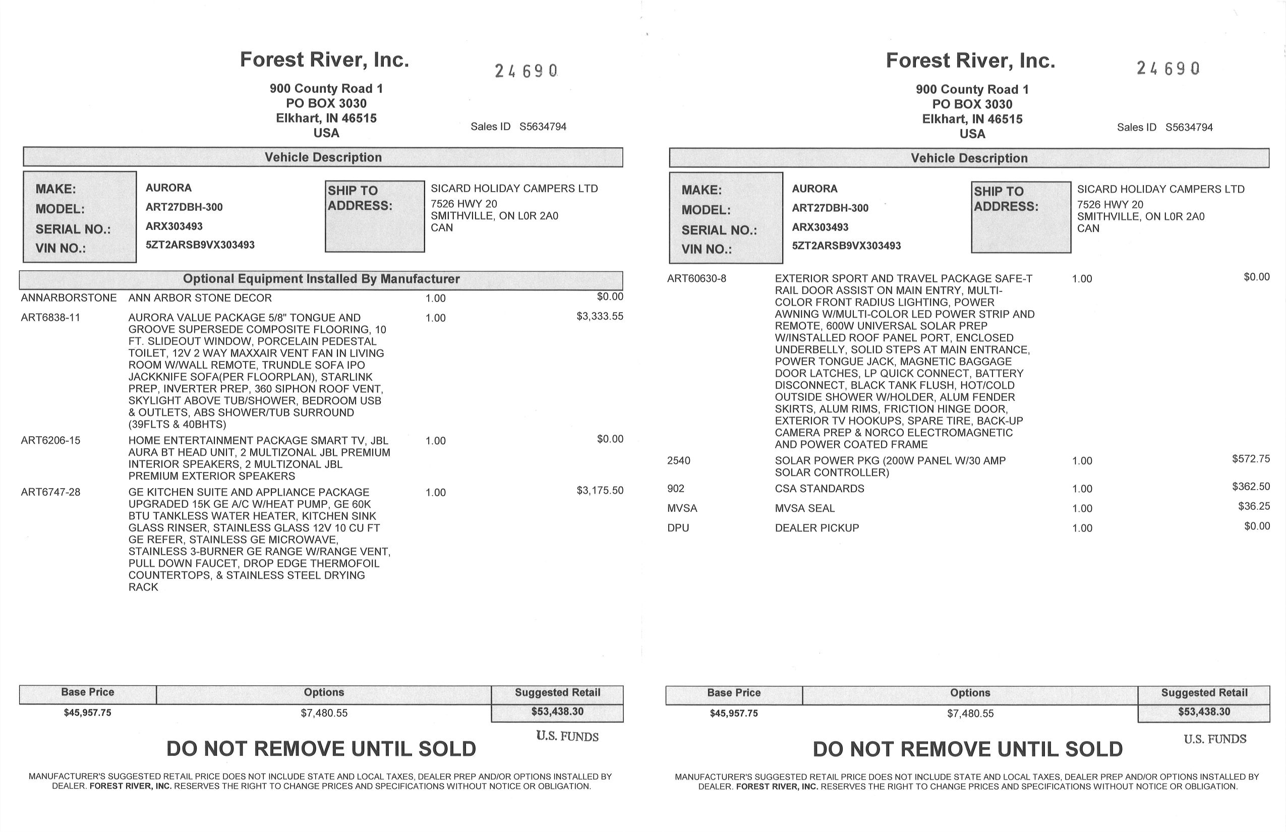 Buildsheet for 2027 FOREST RIVER AURORA 28BHS