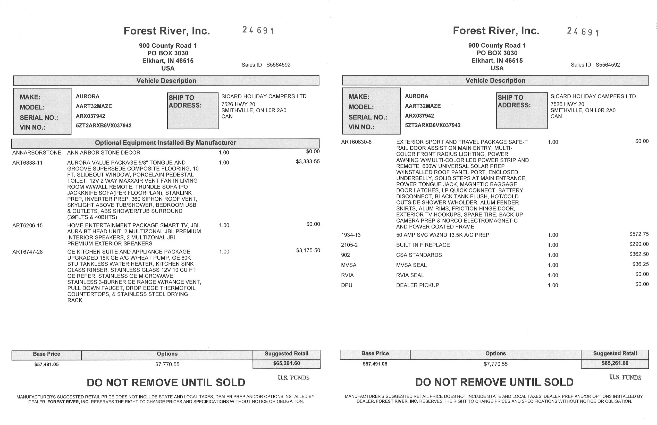 Buildsheet for 2027 FOREST RIVER AURORA 32MAZE