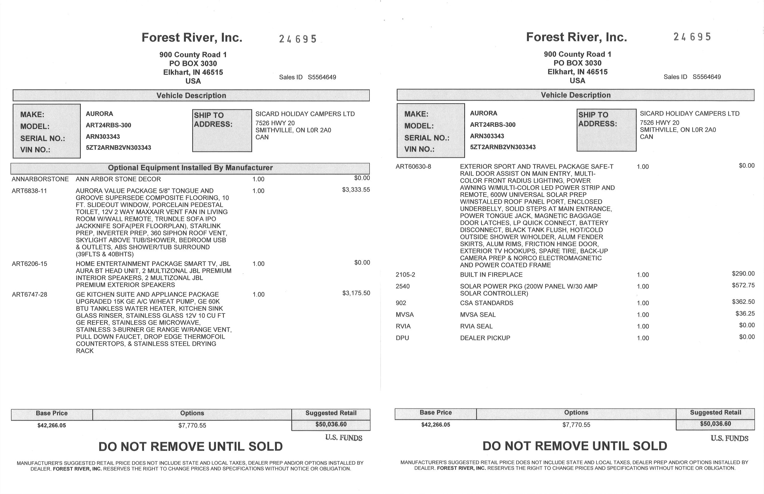 Buildsheet for 2027 FOREST RIVER AURORA 24RBS