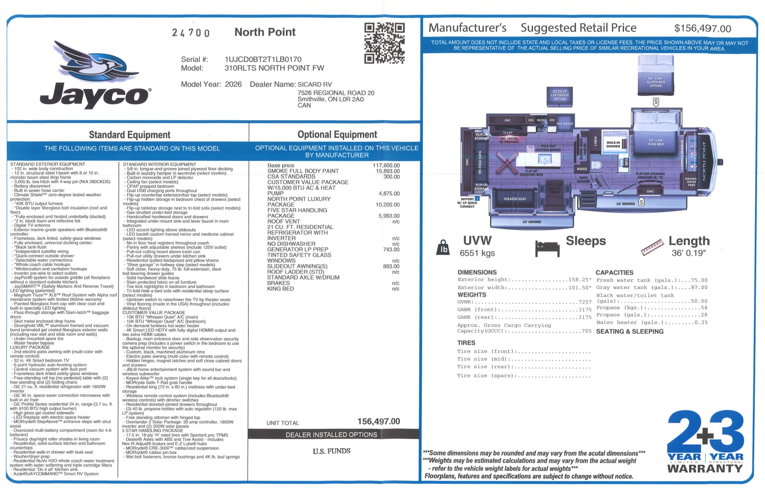 Buildsheet for 2026 JAYCO NORTH POINT 310RLTS