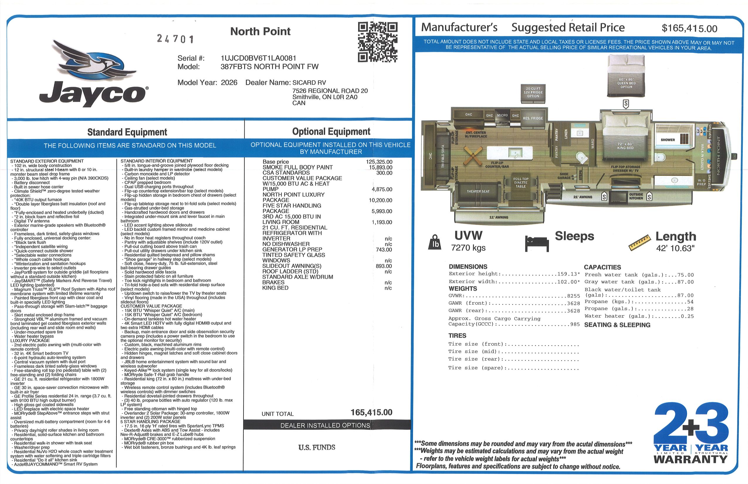 Buildsheet for 2026 JAYCO NORTH POINT 387FBTS