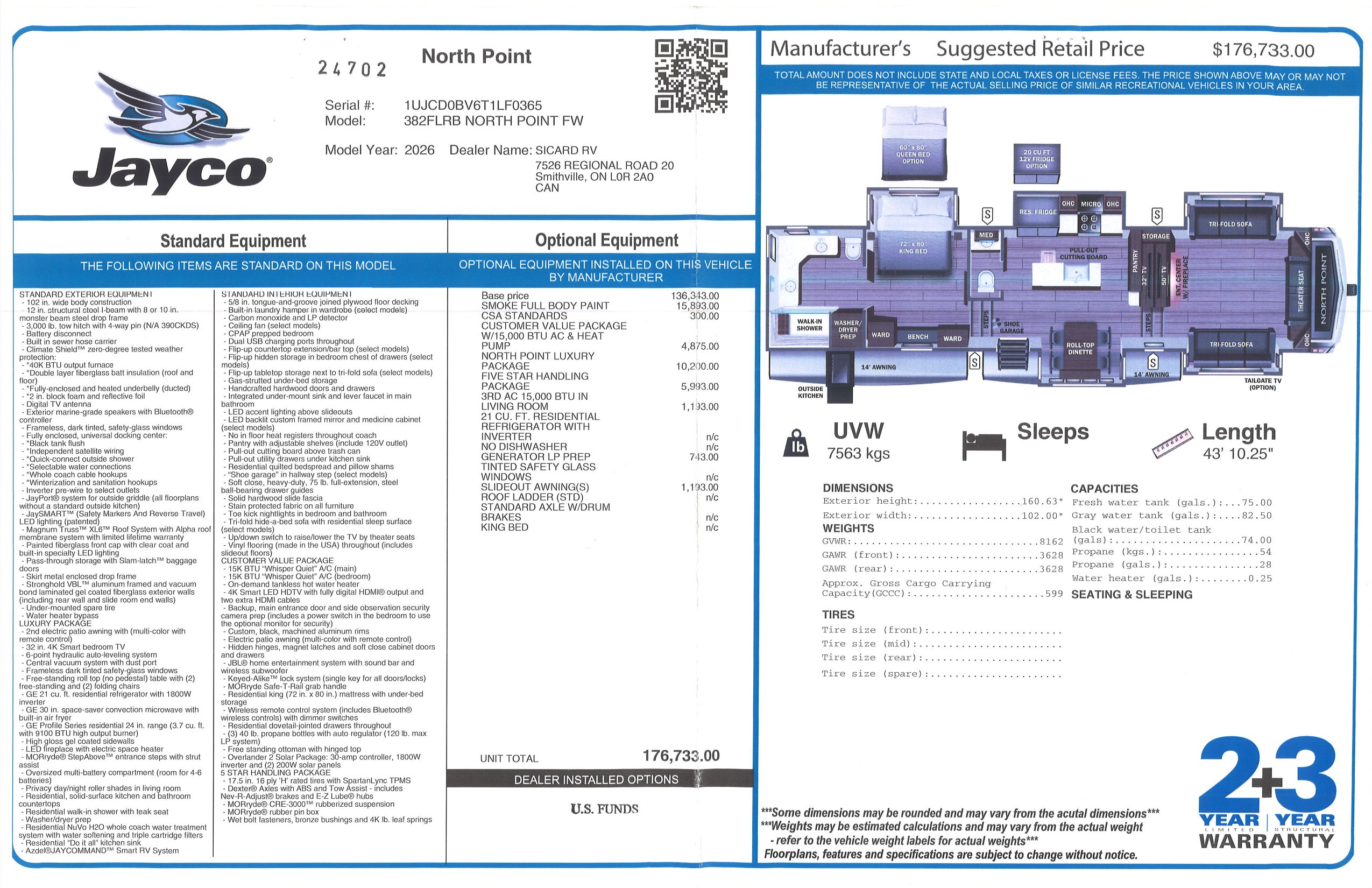 Buildsheet for 2026 JAYCO NORTH POINT 382FLRB