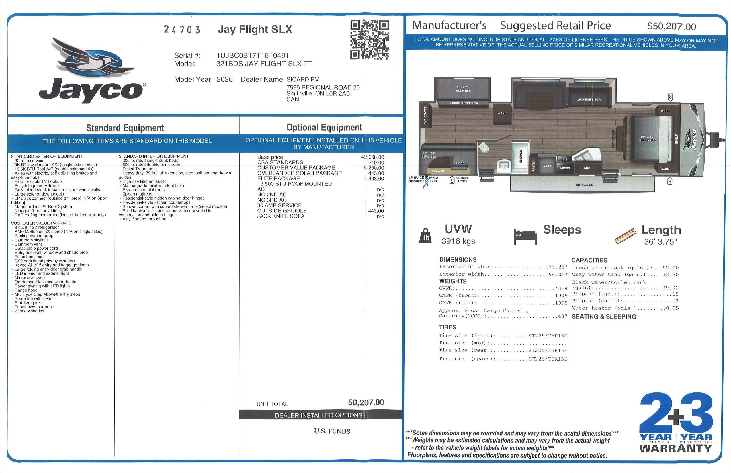 Buildsheet for 2026 JAYCO JAY FLIGHT SLX 321BDS