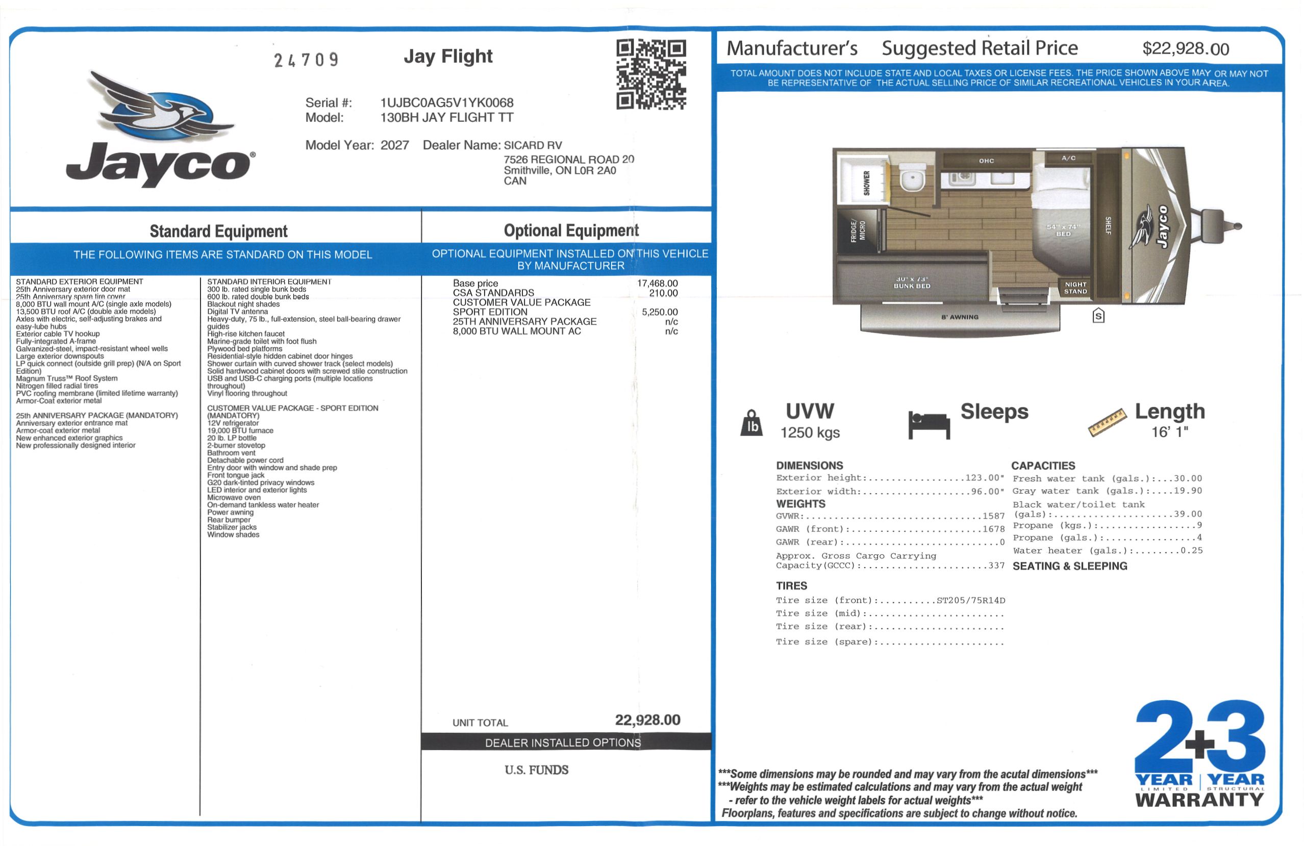 Buildsheet for 2027 JAYCO JAY FLIGHT 130BH
