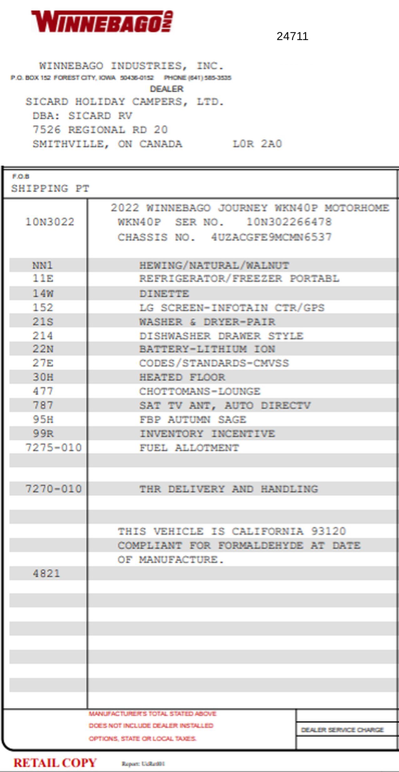 Buildsheet for 2022 WINNEBAGO JOURNEY 40P