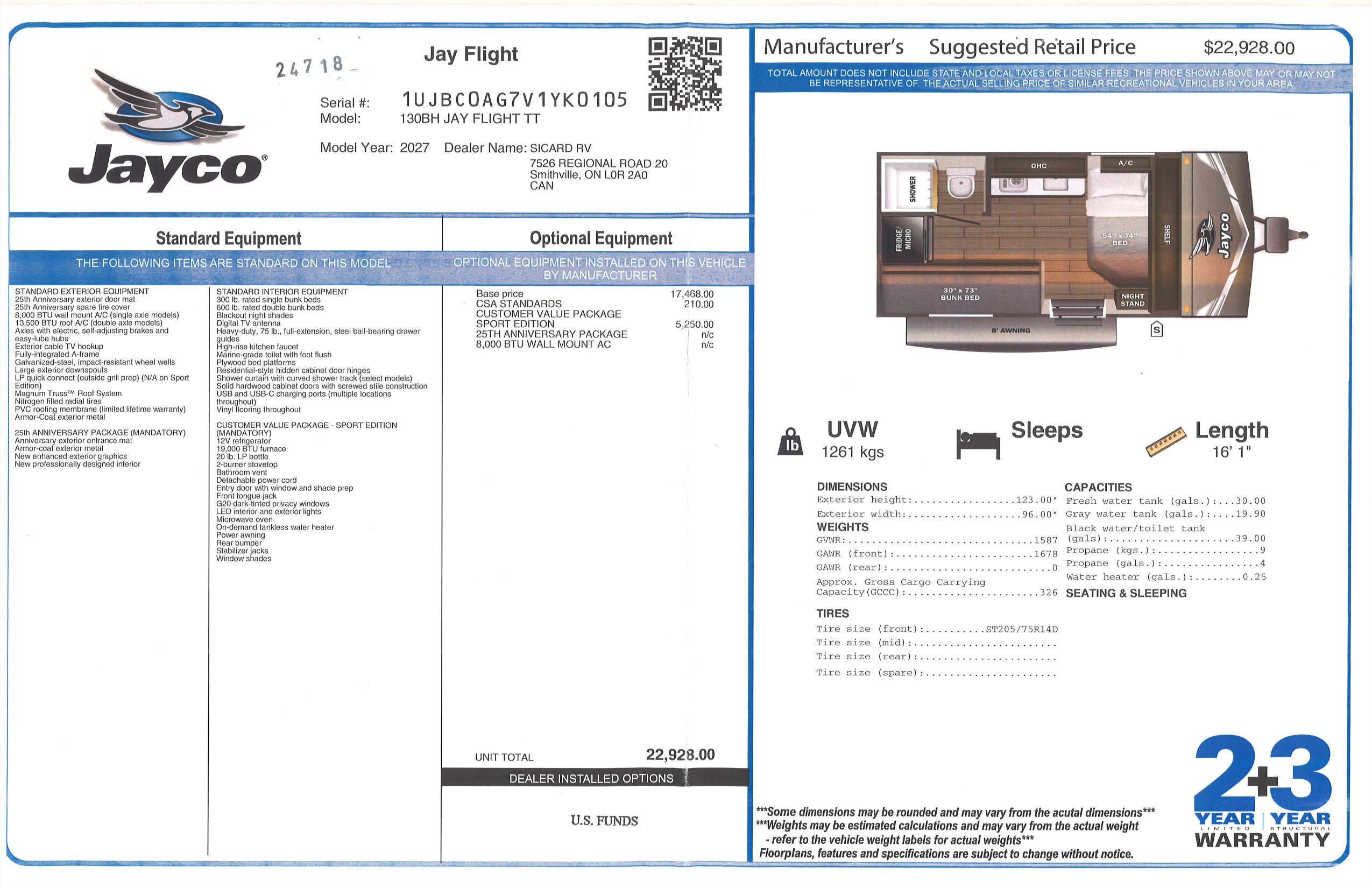 Buildsheet for 2027 JAYCO JAY FLIGHT 130BH