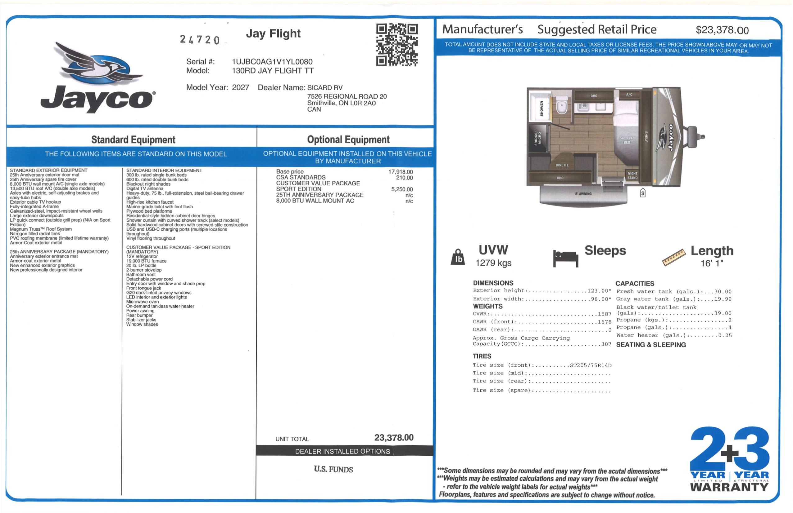 Buildsheet for 2027 JAYCO JAY FLIGHT 130RD