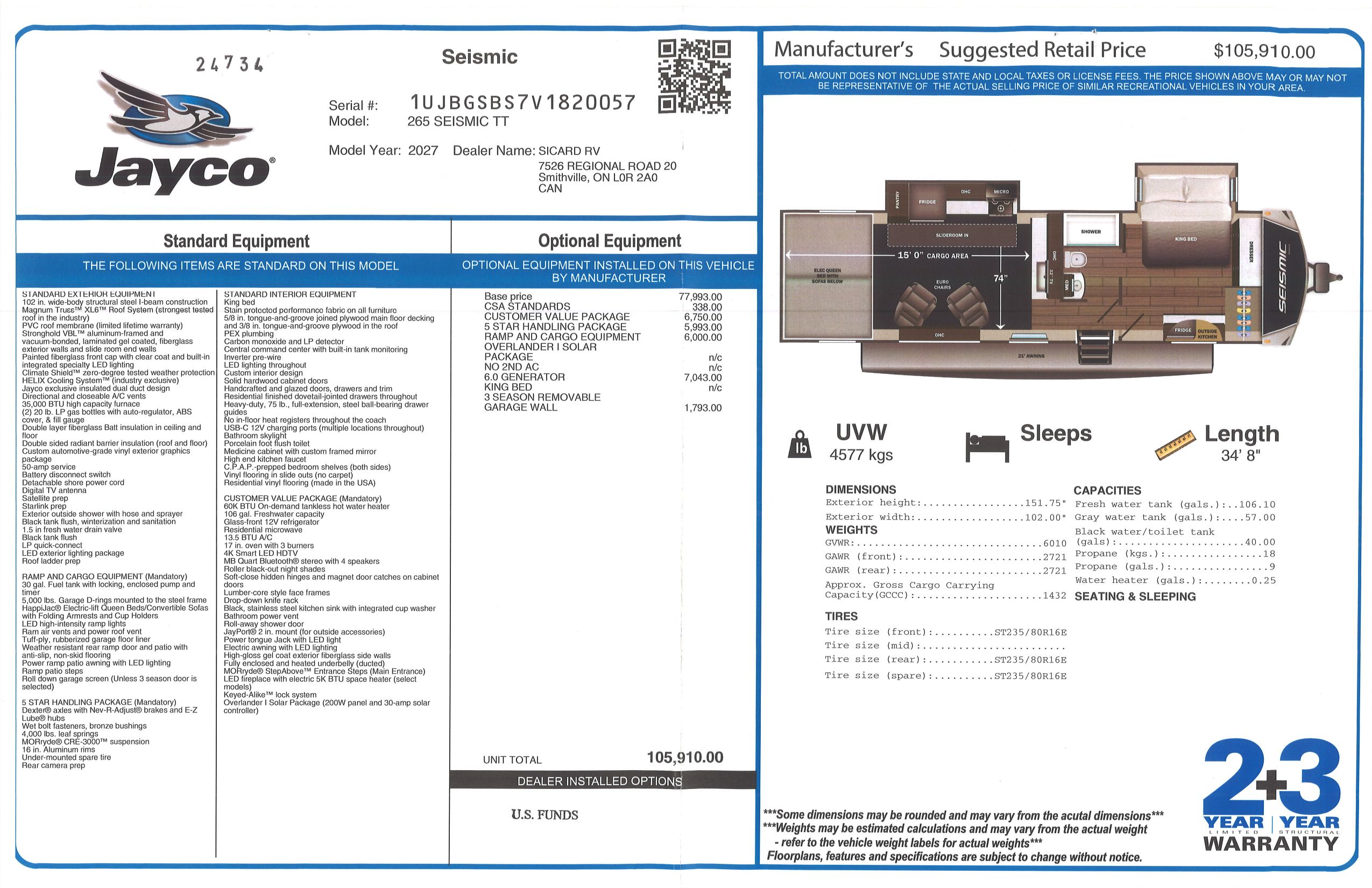 Buildsheet for 2027 JAYCO SEISMIC 265