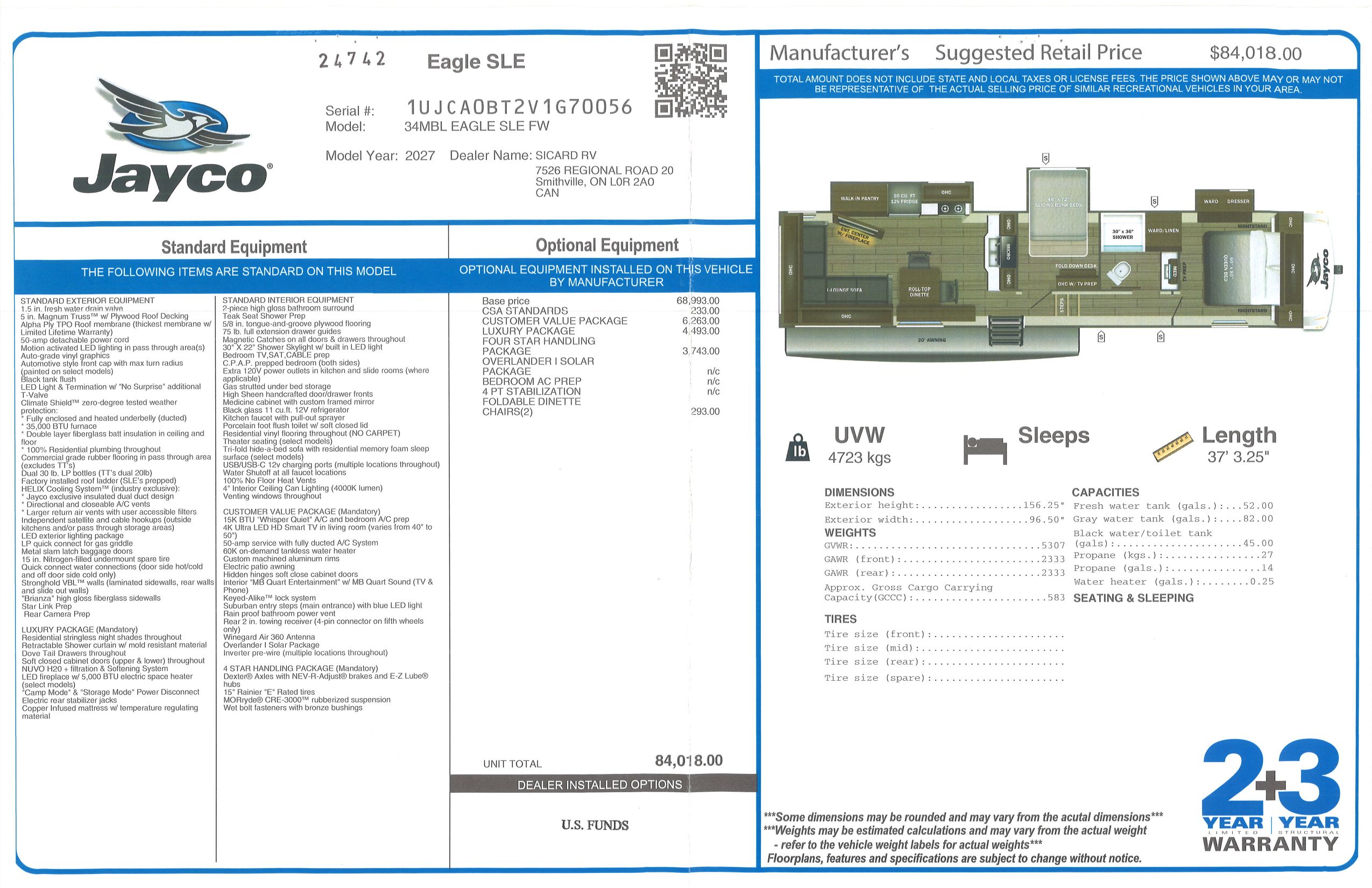Buildsheet for 2027 JAYCO EAGLE SLE 34MBL
