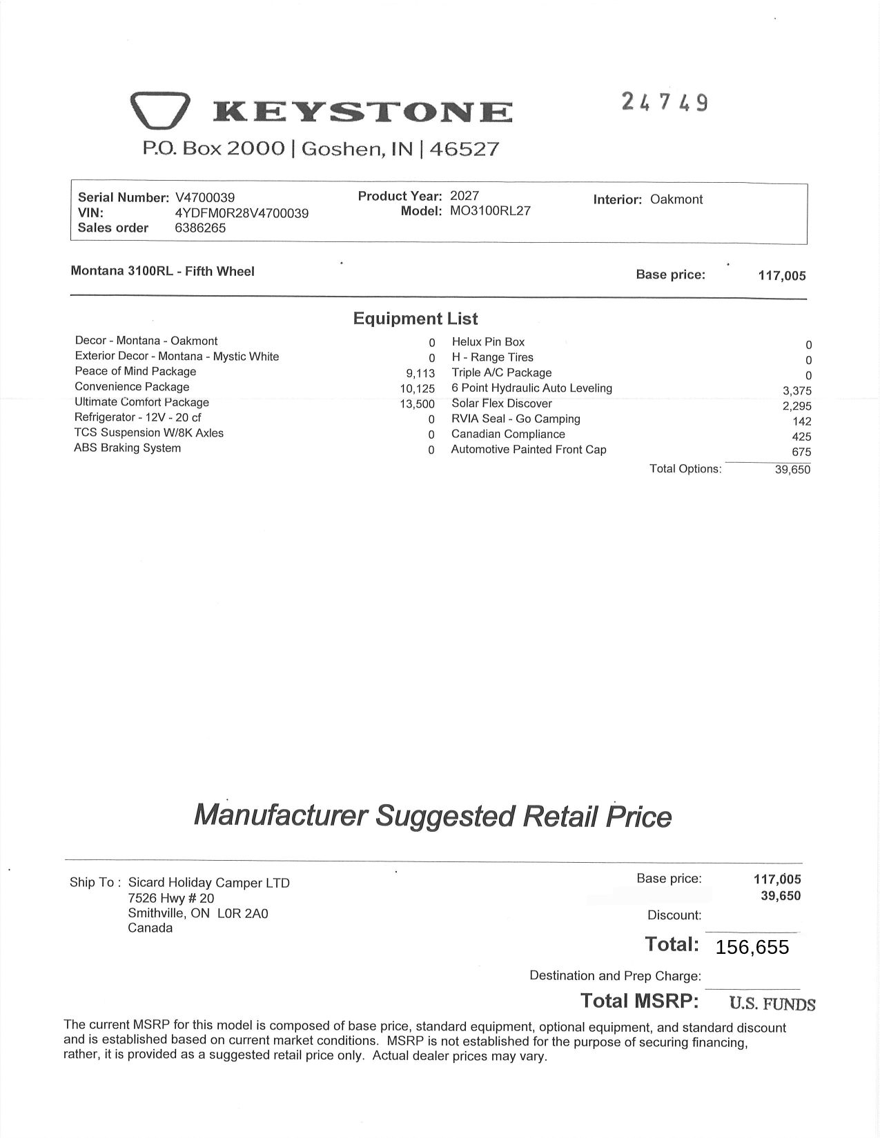 Buildsheet for 2027 KEYSTONE MONTANA 3100RL