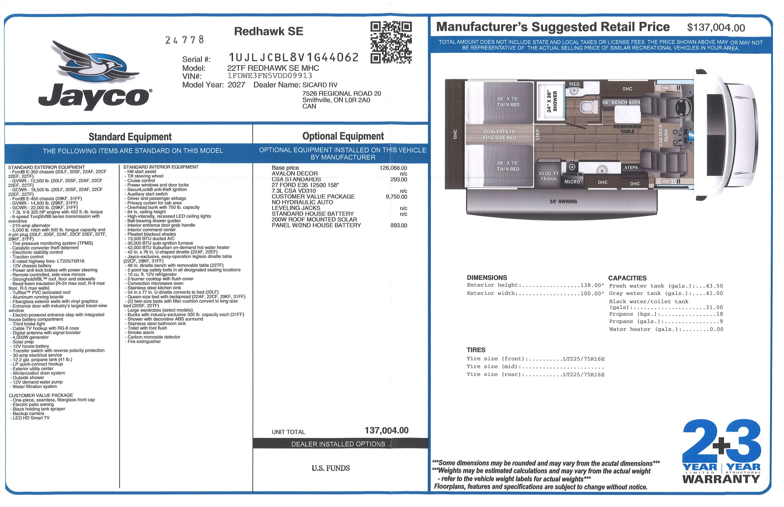 Buildsheet for 2027 JAYCO REDHAWK SE 22TF