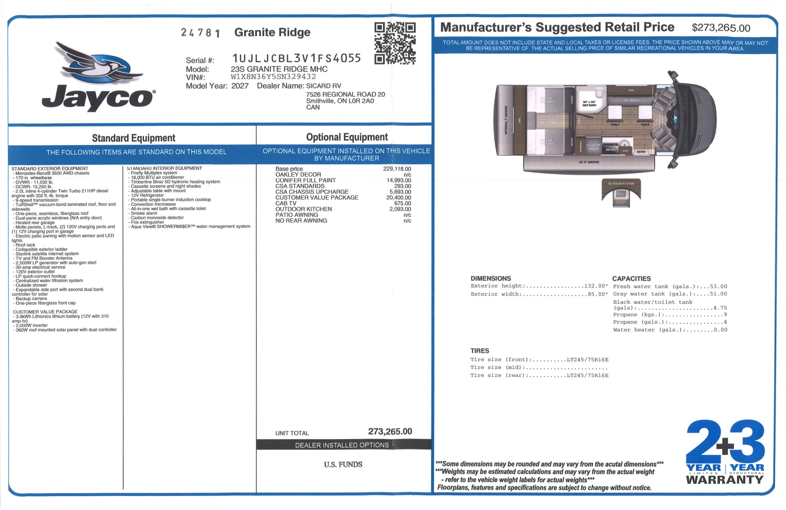 Buildsheet for 2027 JAYCO GRANITE RIDGE 23S