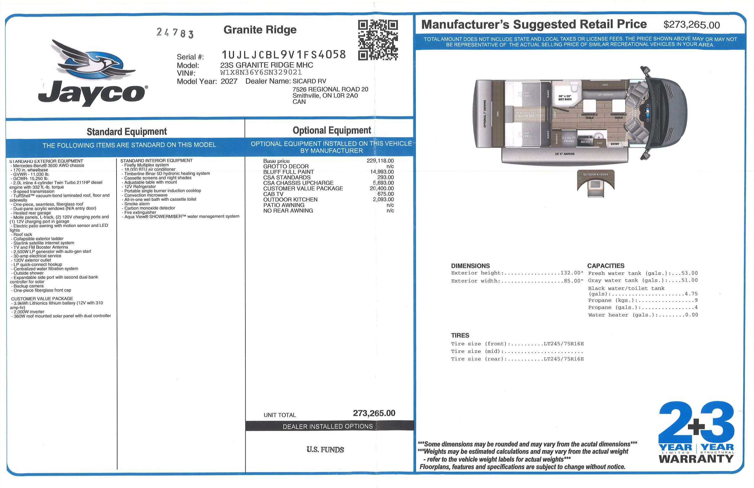 Buildsheet for 2027 JAYCO GRANITE RIDGE 23S