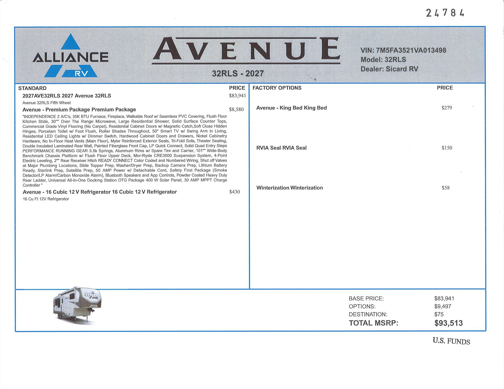 Buildsheet for 2027 ALLIANCE AVENUE 32RLS