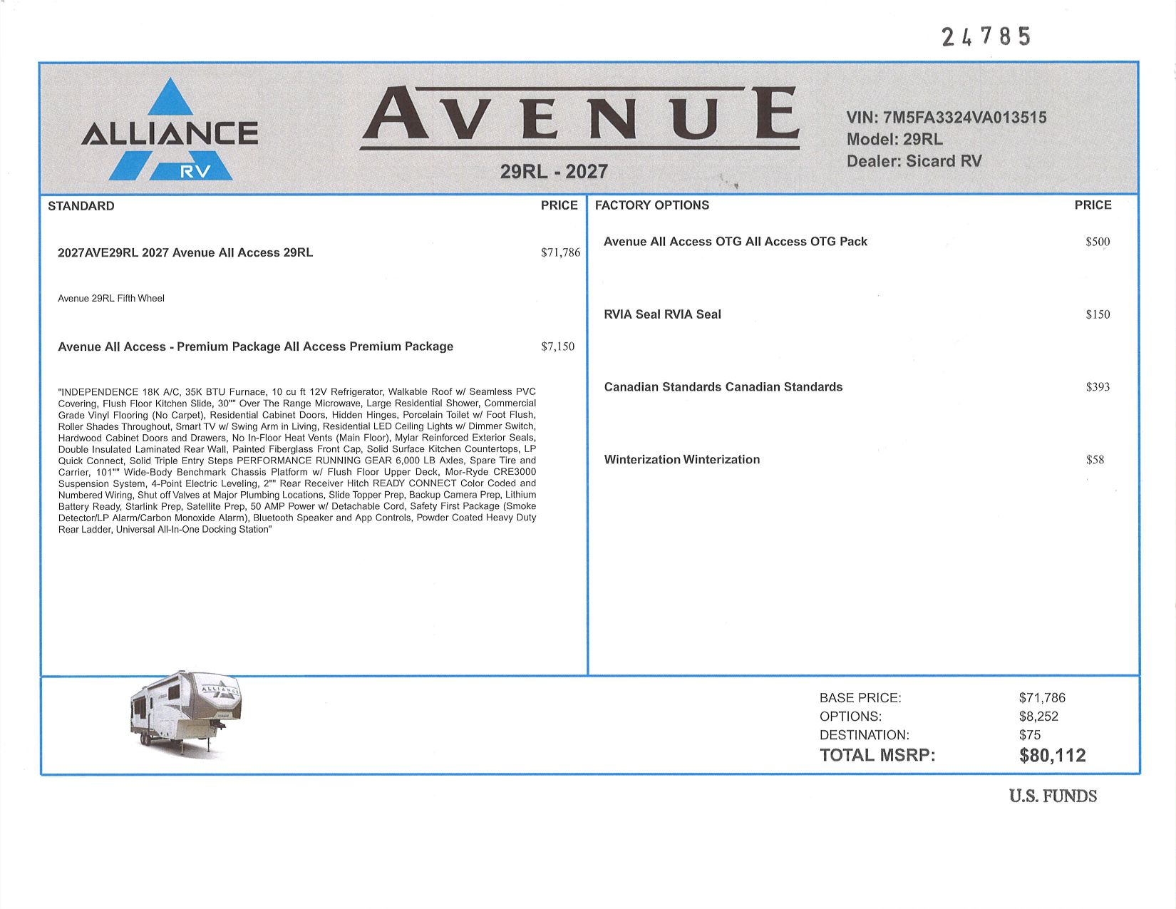 Buildsheet for 2027 ALLIANCE AVENUE ALL-ACCESS SERIES 29RL