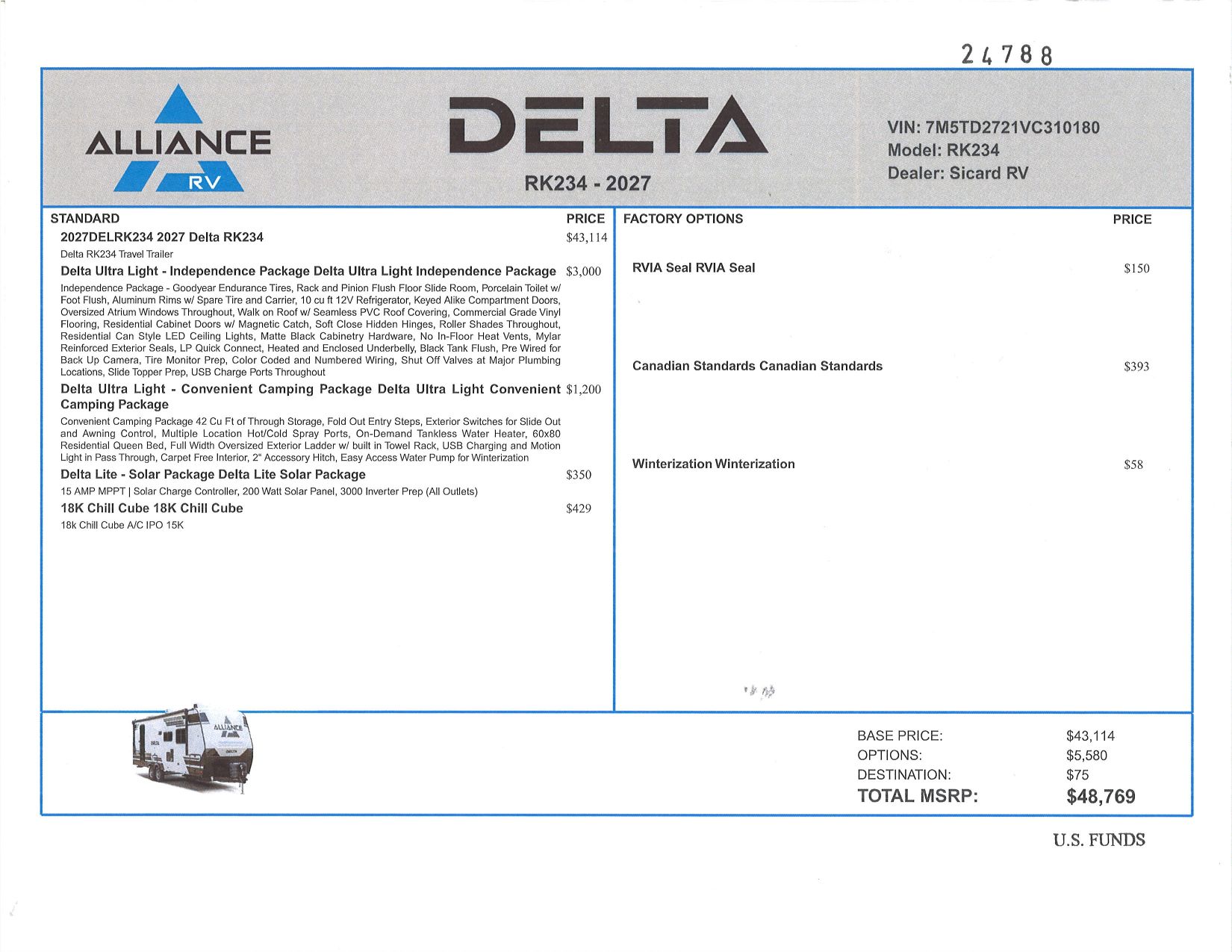 Buildsheet for 2027 ALLIANCE DELTA ULTRA LITE RK234