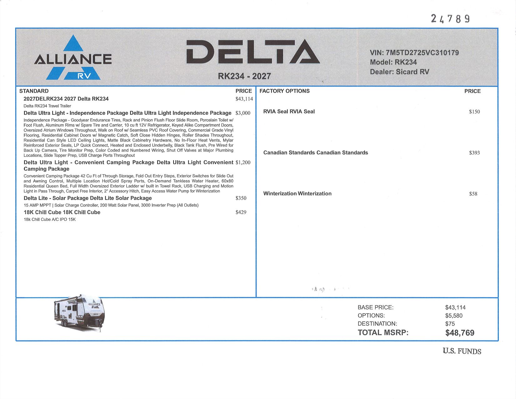 Buildsheet for 2027 ALLIANCE DELTA ULTRA LITE RK234