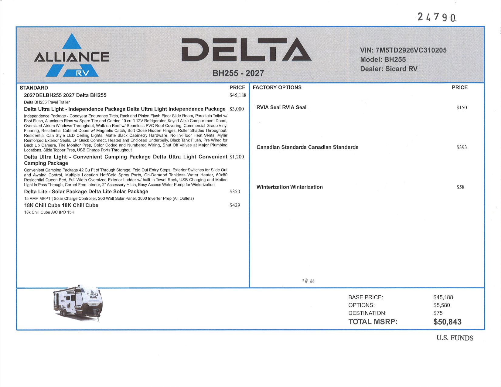 Buildsheet for 2027 ALLIANCE DELTA ULTRA LITE BH255
