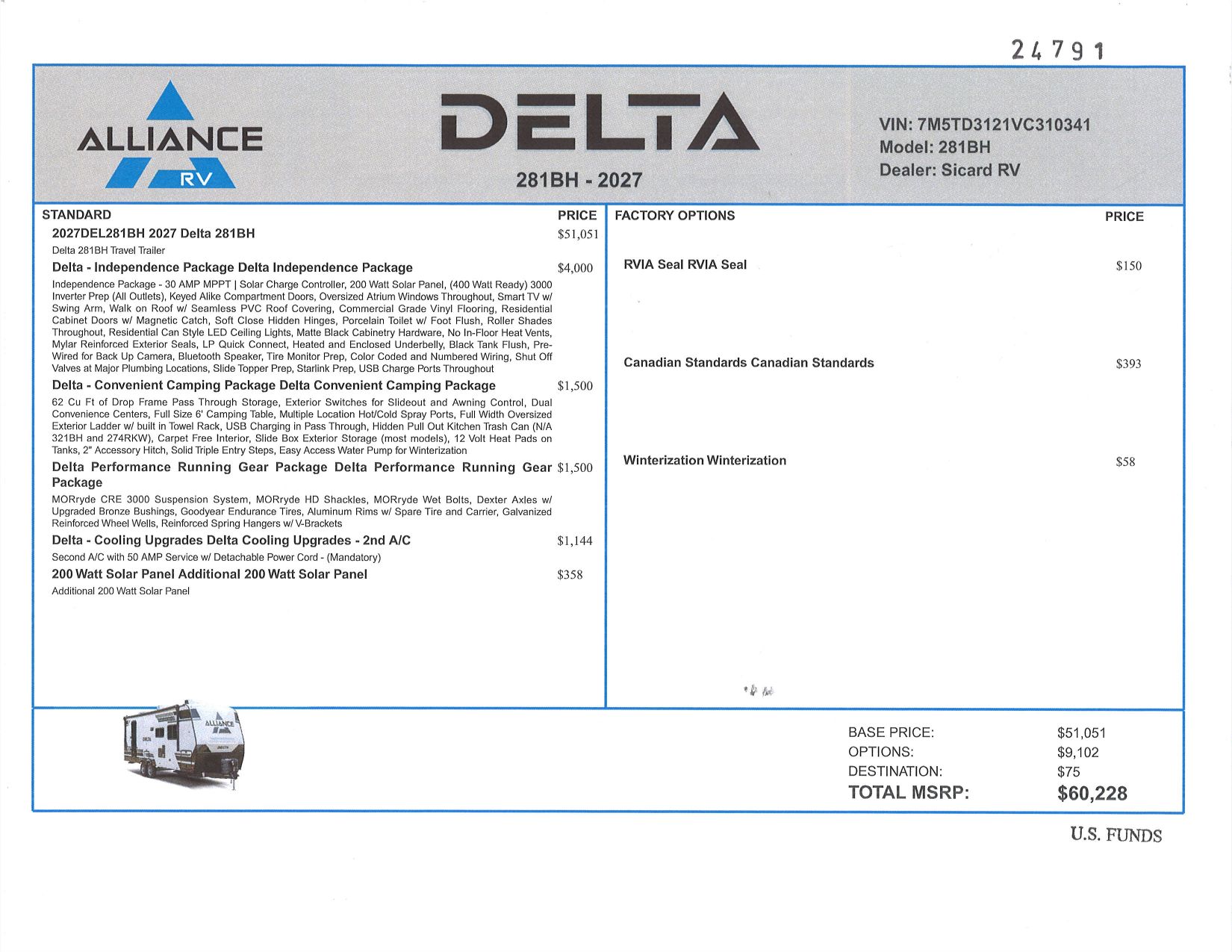 Buildsheet for 2027 ALLIANCE DELTA 281BH