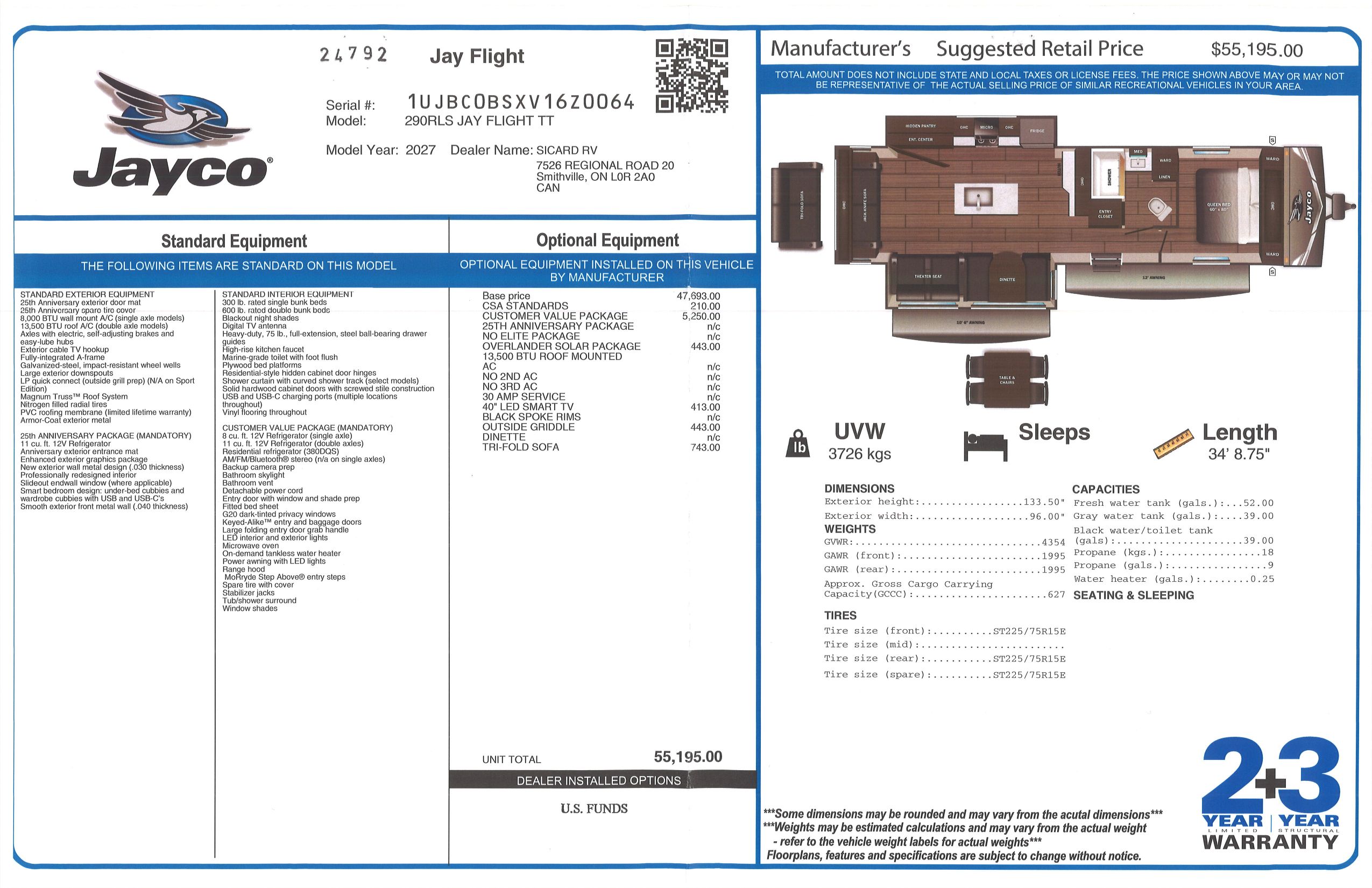 Buildsheet for 2027 JAYCO JAY FLIGHT 290RLS