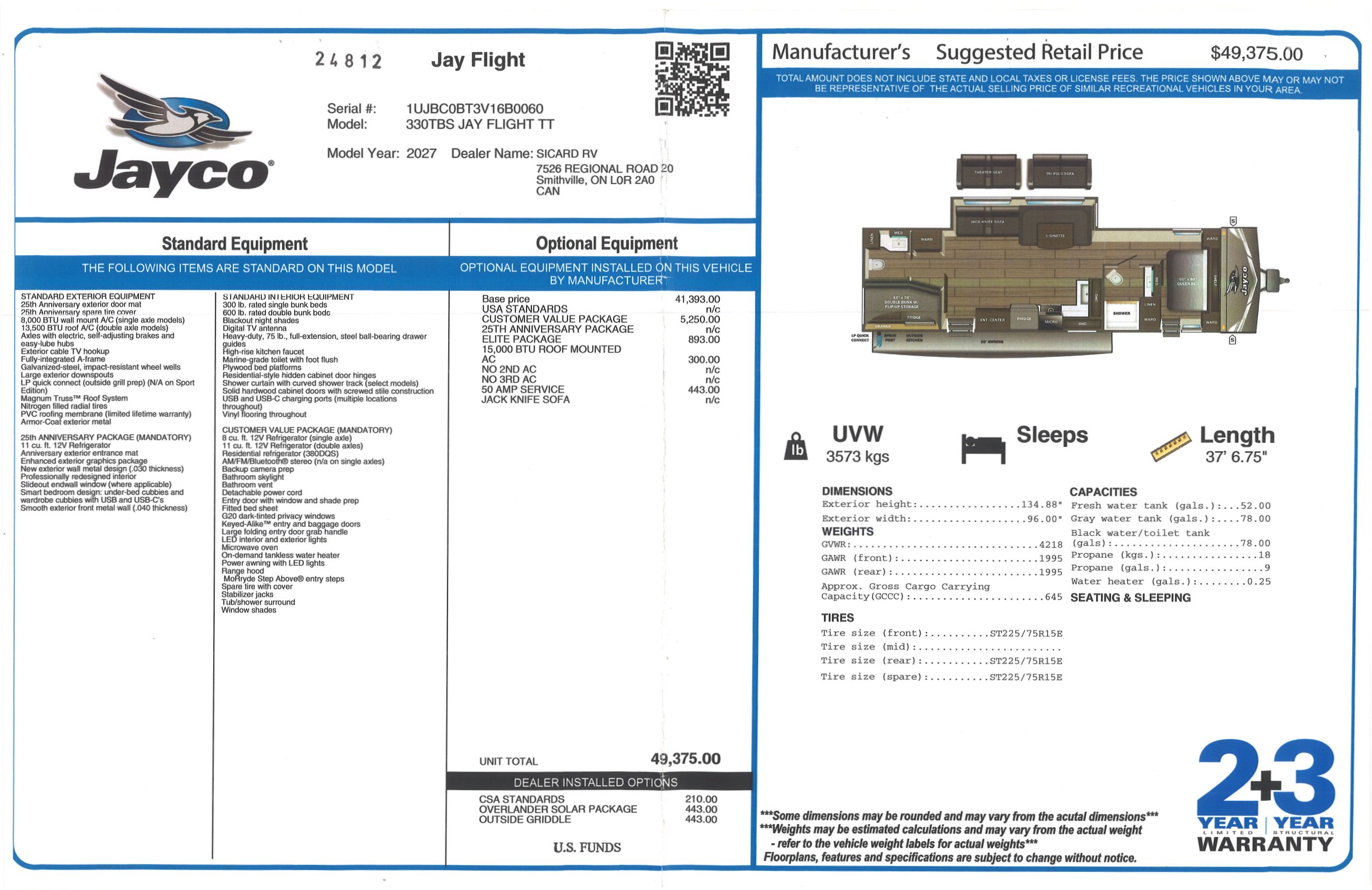 Buildsheet for 2027 JAYCO JAY FLIGHT 330TBS