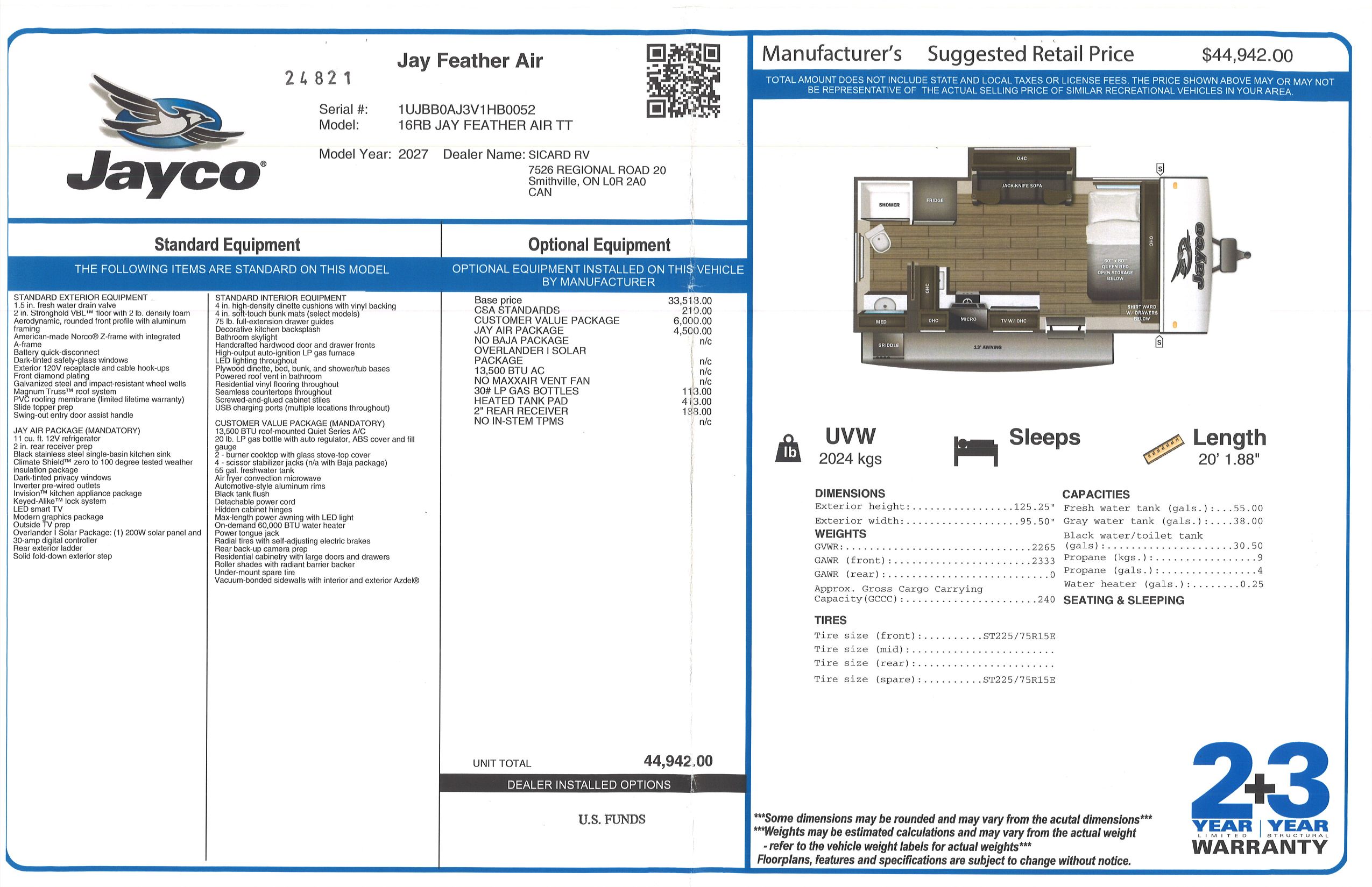 Buildsheet for 2027 JAYCO JAY FEATHER AIR 16RB