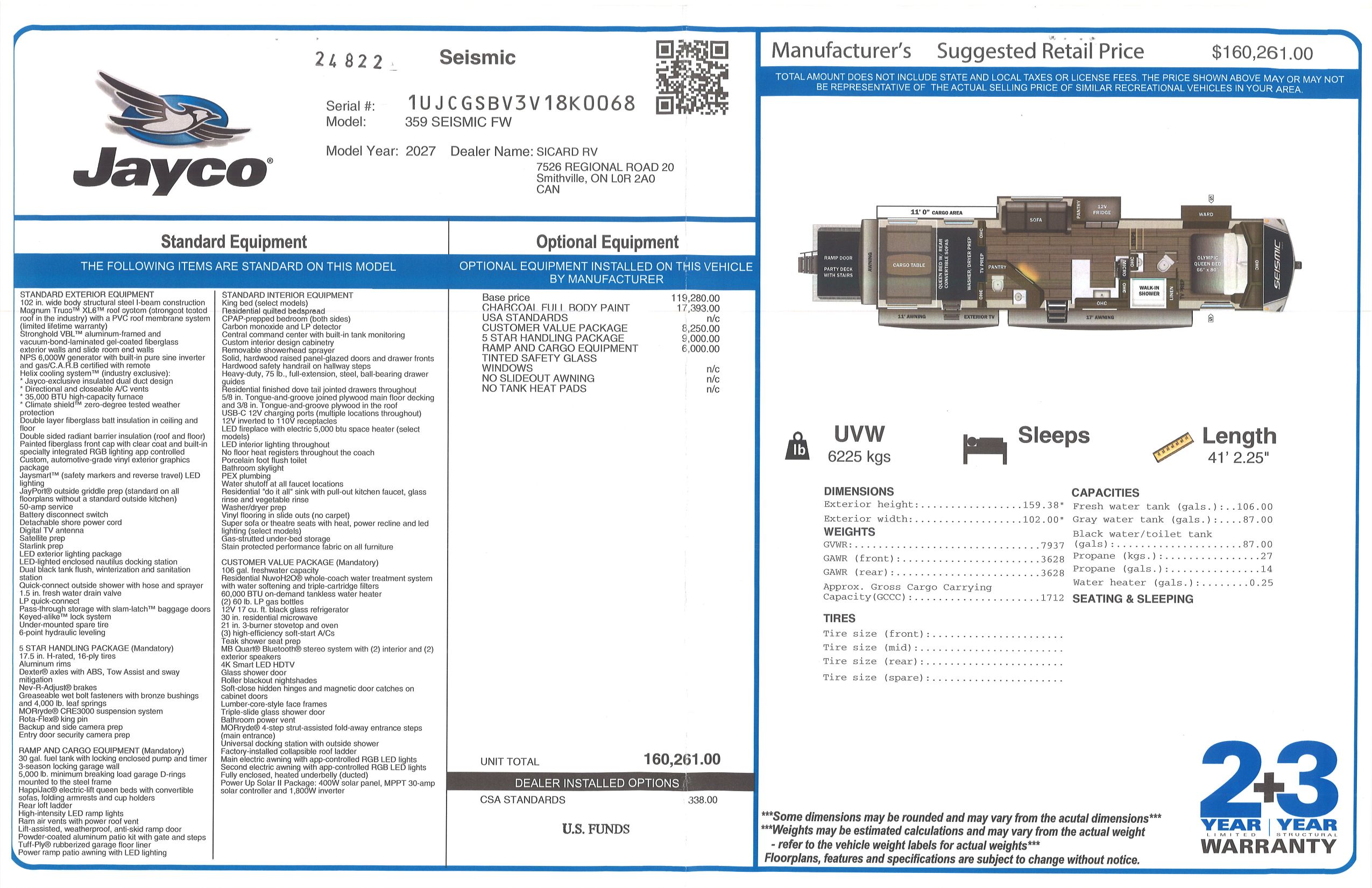 Buildsheet for 2027 JAYCO SEISMIC 359