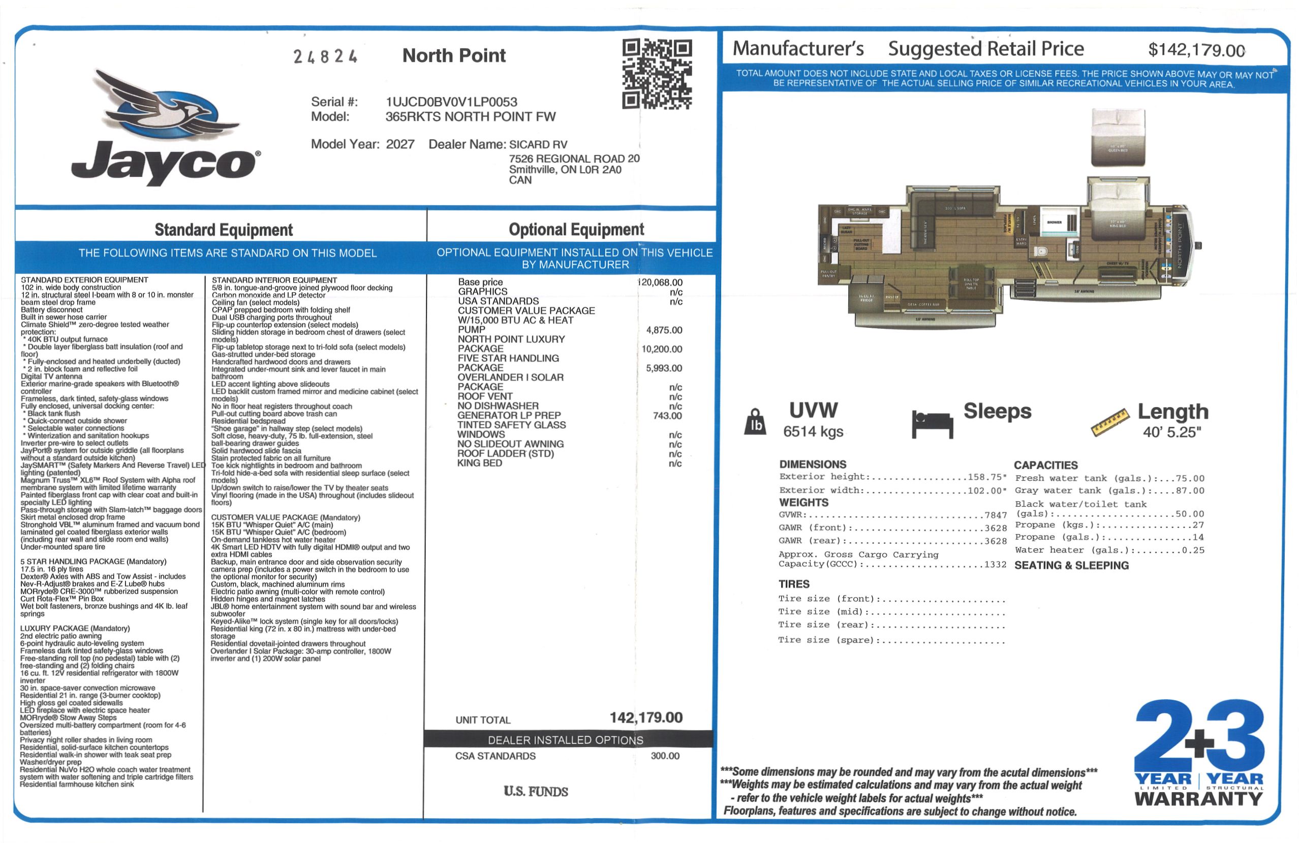 Buildsheet for 2027 JAYCO NORTH POINT 365RKTS