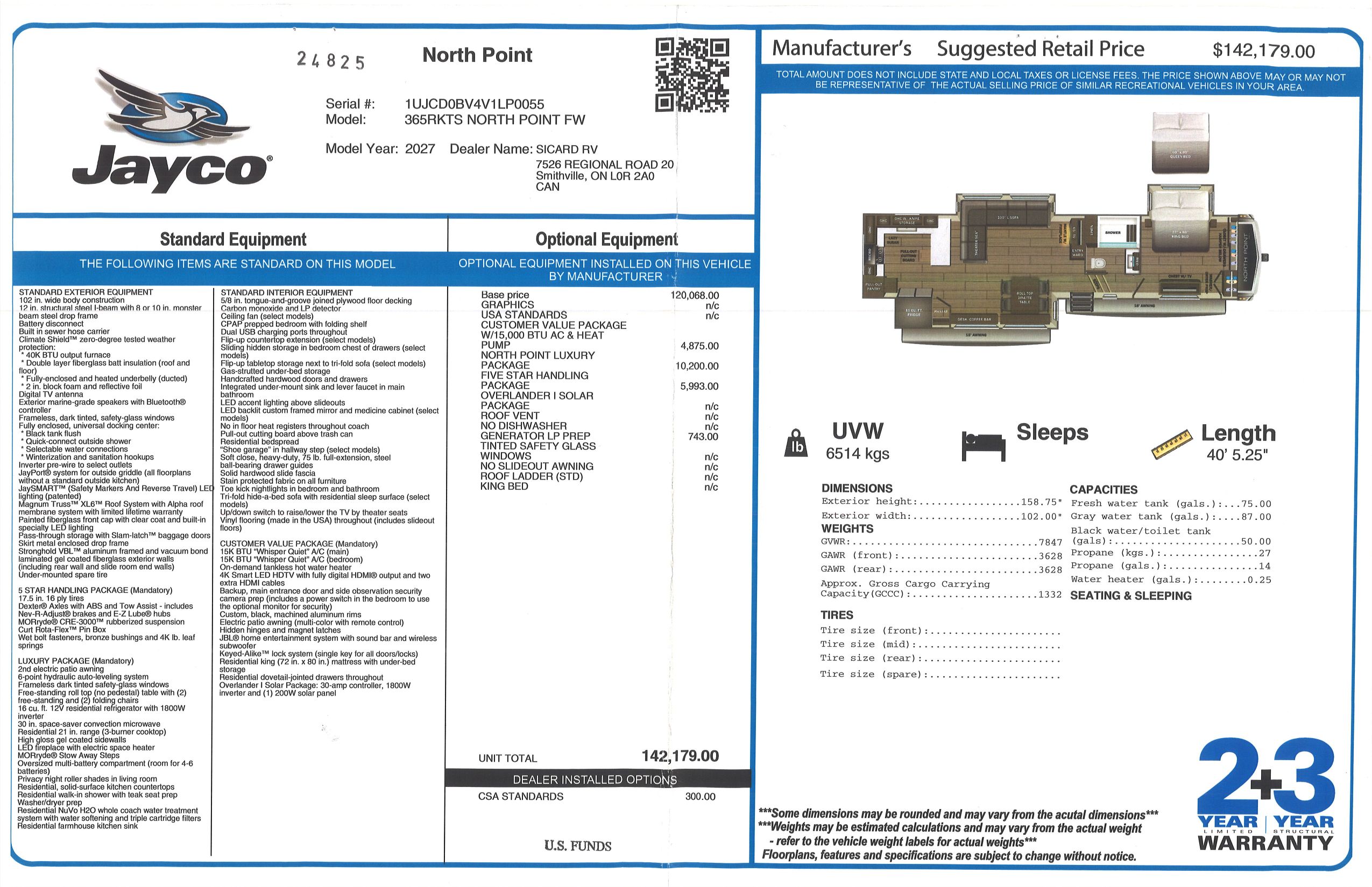 Buildsheet for 2027 JAYCO NORTH POINT 365RKTS