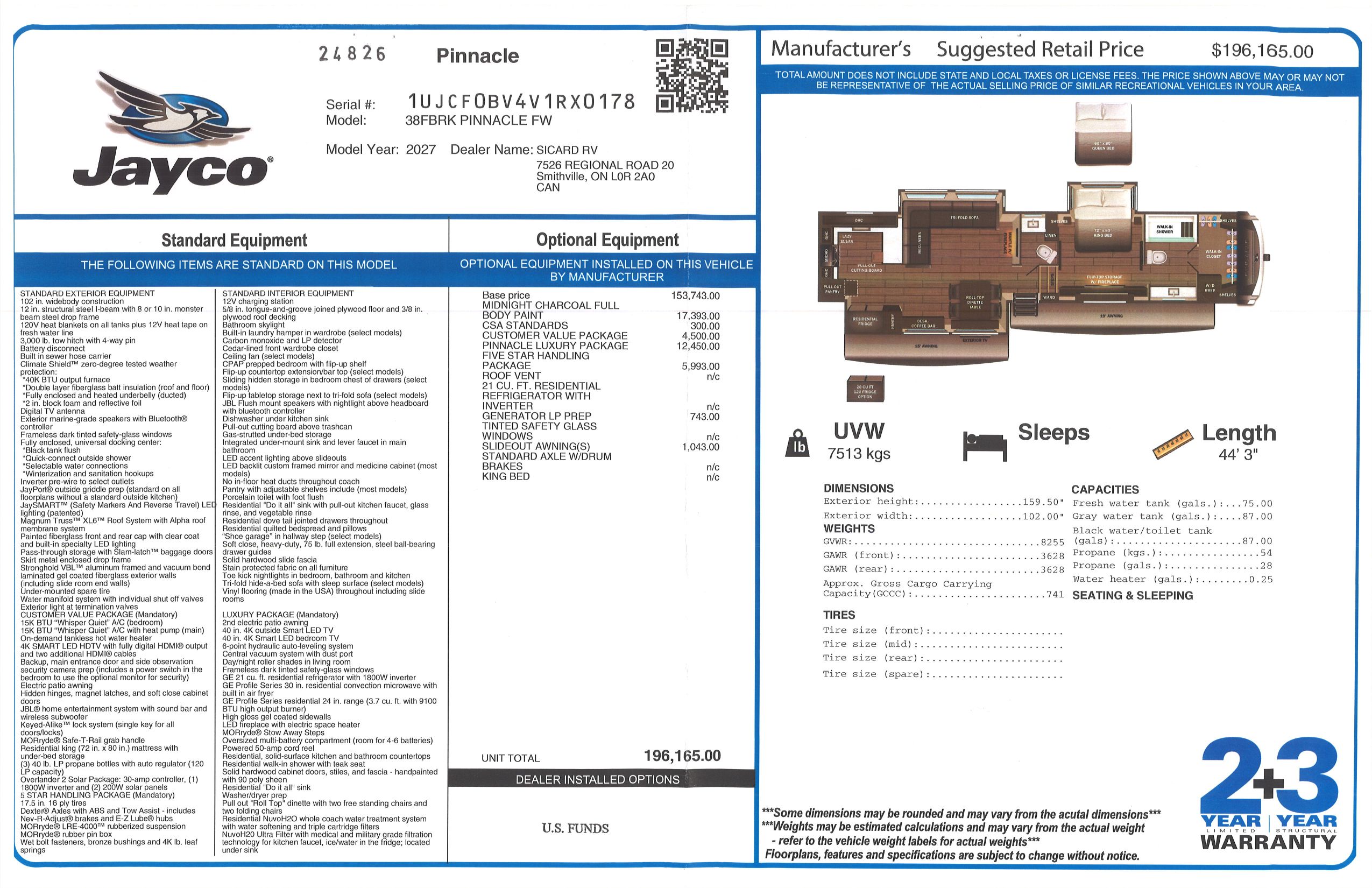 Buildsheet for 2027 JAYCO PINNACLE 38FBRK