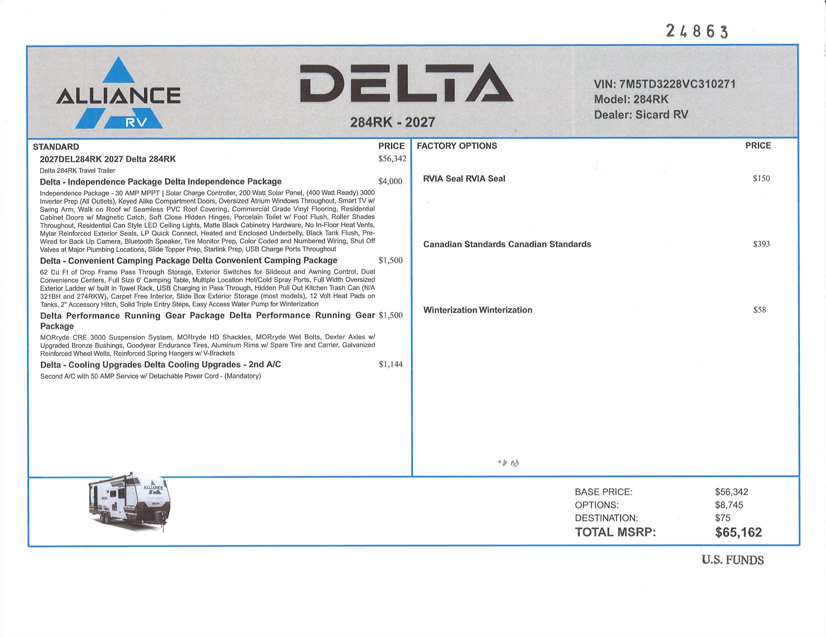 Buildsheet for 2027 ALLIANCE DELTA 284RK