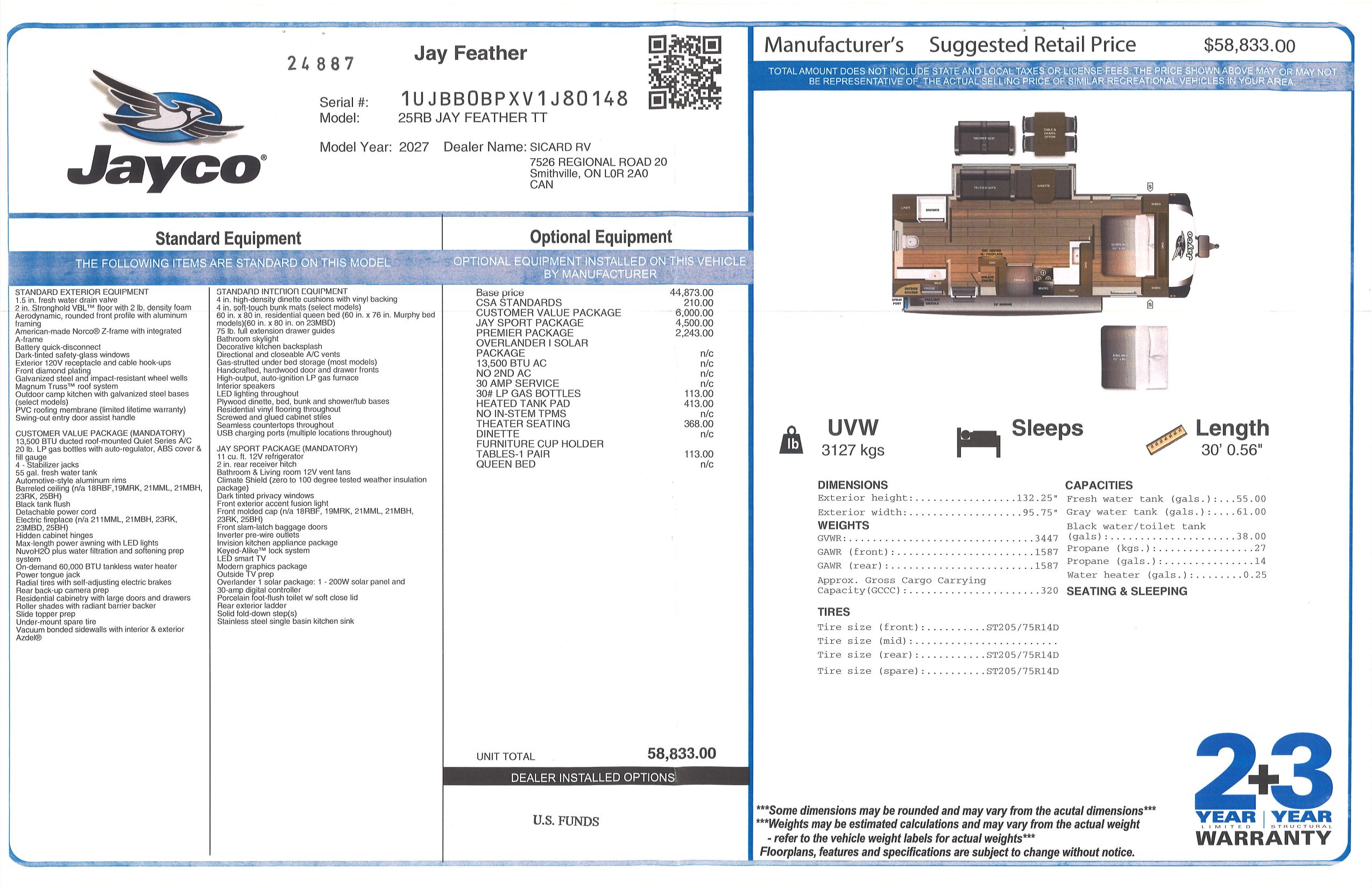 Buildsheet for 2027 JAYCO JAY FEATHER 25RB