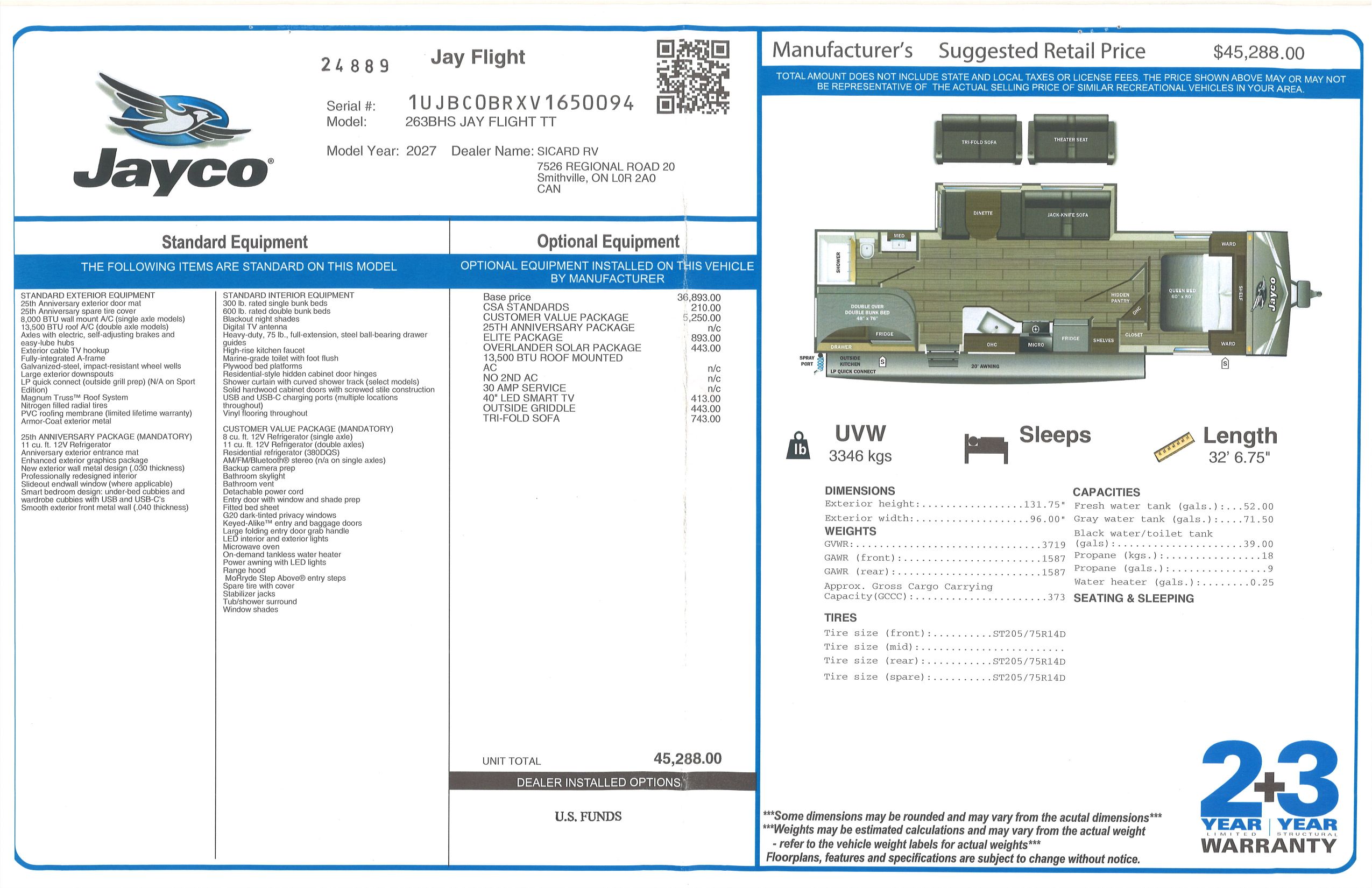 Buildsheet for 2027 JAYCO JAY FLIGHT 263BHS