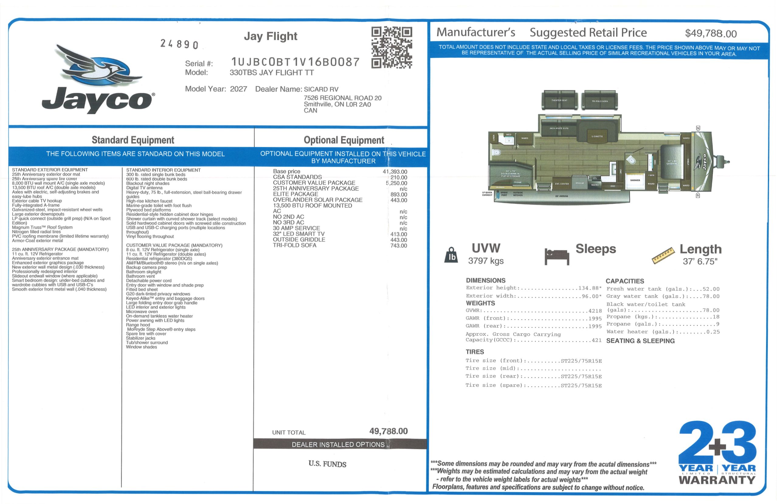 Buildsheet for 2027 JAYCO JAY FLIGHT 330TBS
